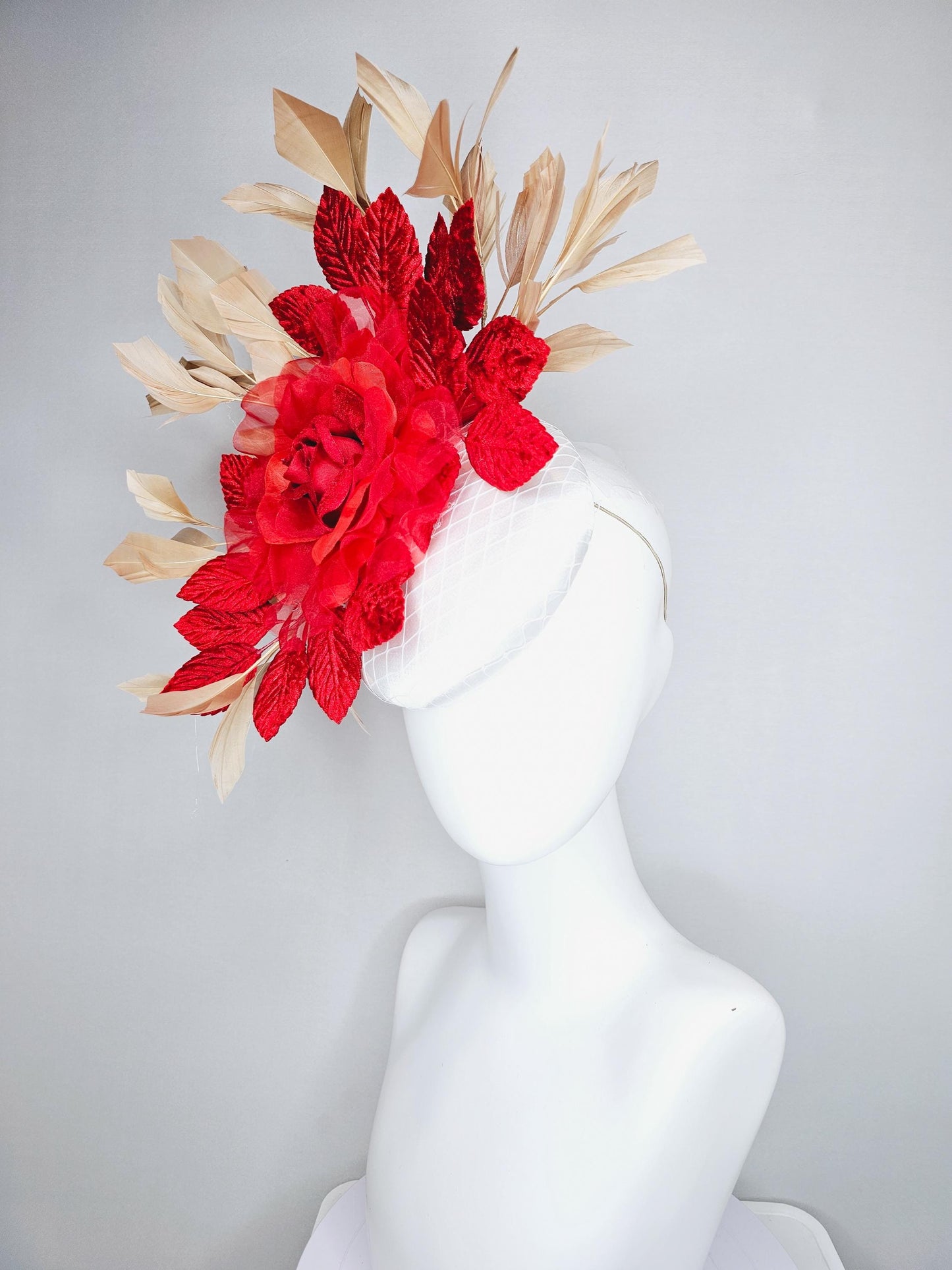 kentucky derby hat fascinator white satin with netting, scarlet red organza silk rose flower, red leaves,neutral gold tan branching feathers