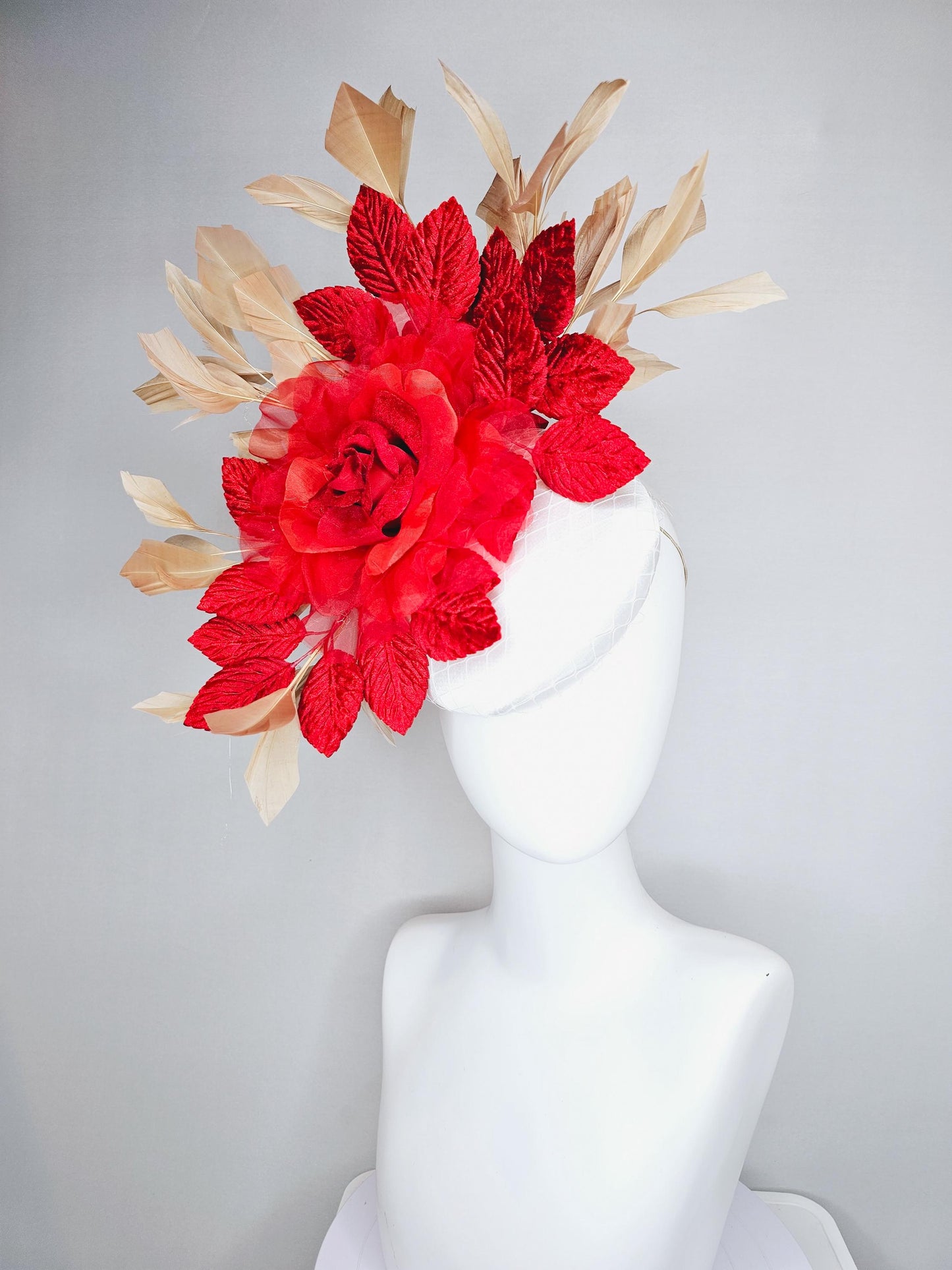 kentucky derby hat fascinator white satin with netting, scarlet red organza silk rose flower, red leaves,neutral gold tan branching feathers