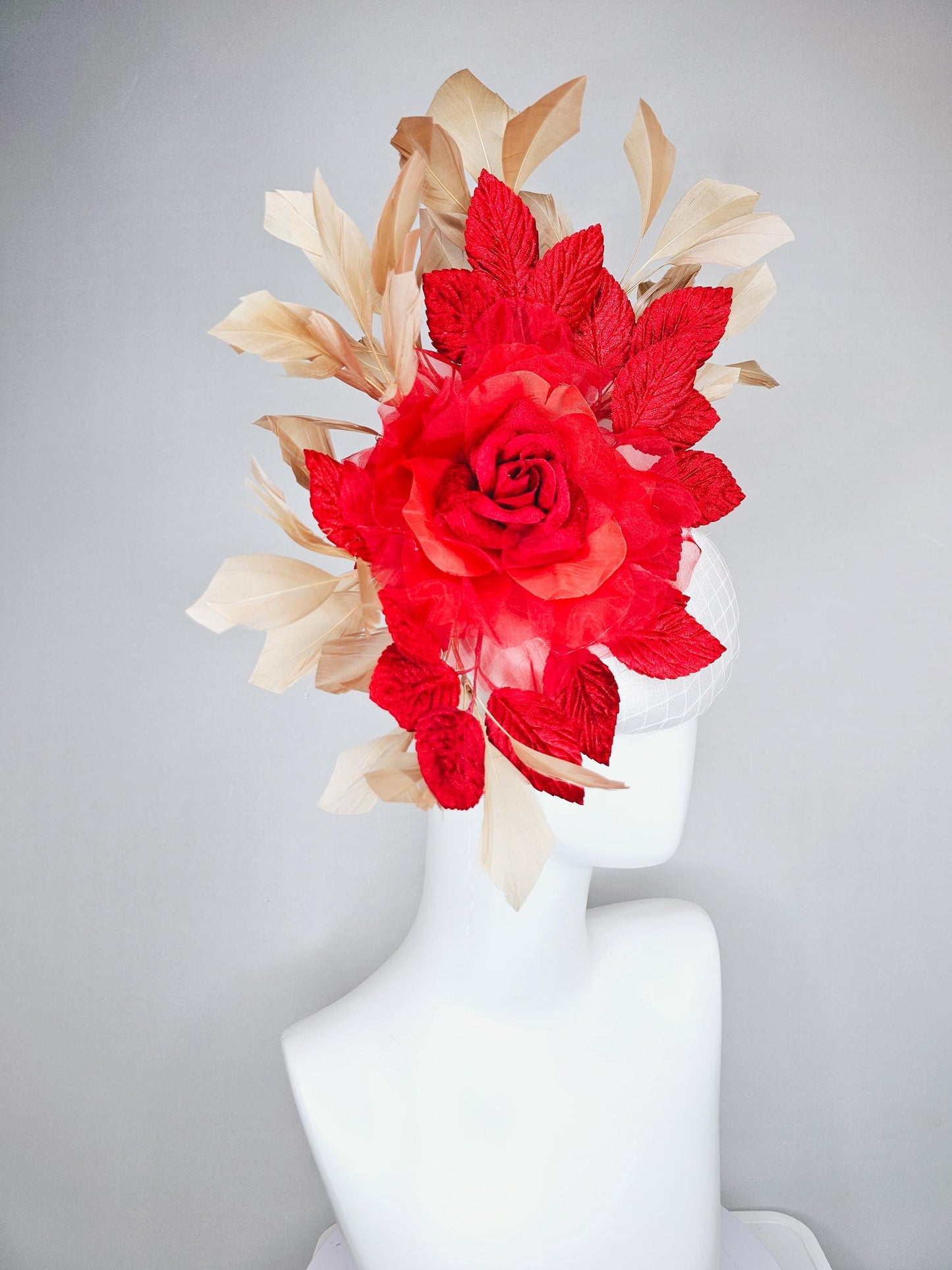 kentucky derby hat fascinator white satin with netting, scarlet red organza silk rose flower, red leaves,neutral gold tan branching feathers