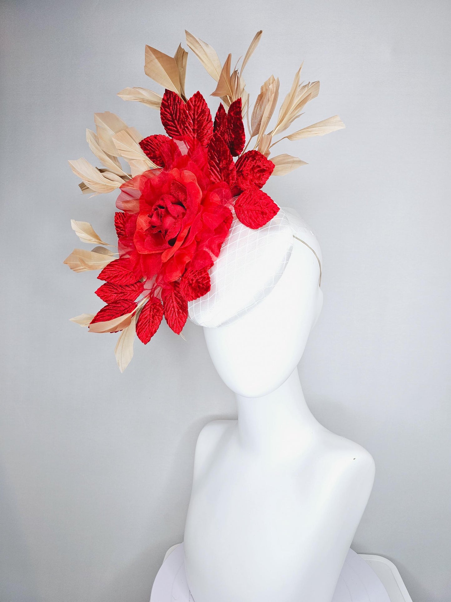 kentucky derby hat fascinator white satin with netting, scarlet red organza silk rose flower, red leaves,neutral gold tan branching feathers