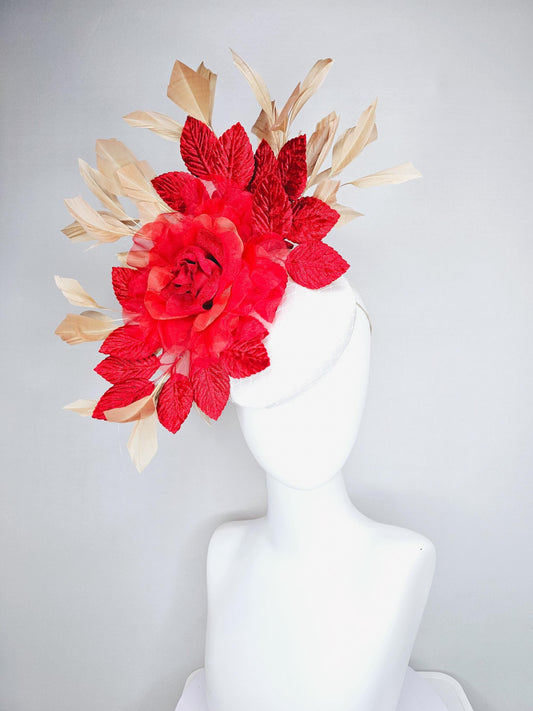 kentucky derby hat fascinator white satin with netting, scarlet red organza silk rose flower, red leaves,neutral gold tan branching feathers