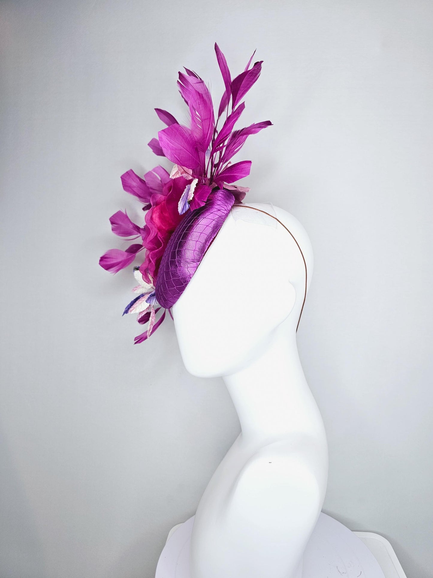 kentucky derby hat fascinator purple satin with netting, pink organza rose flower, ombre purple leaves, purple branching feathers