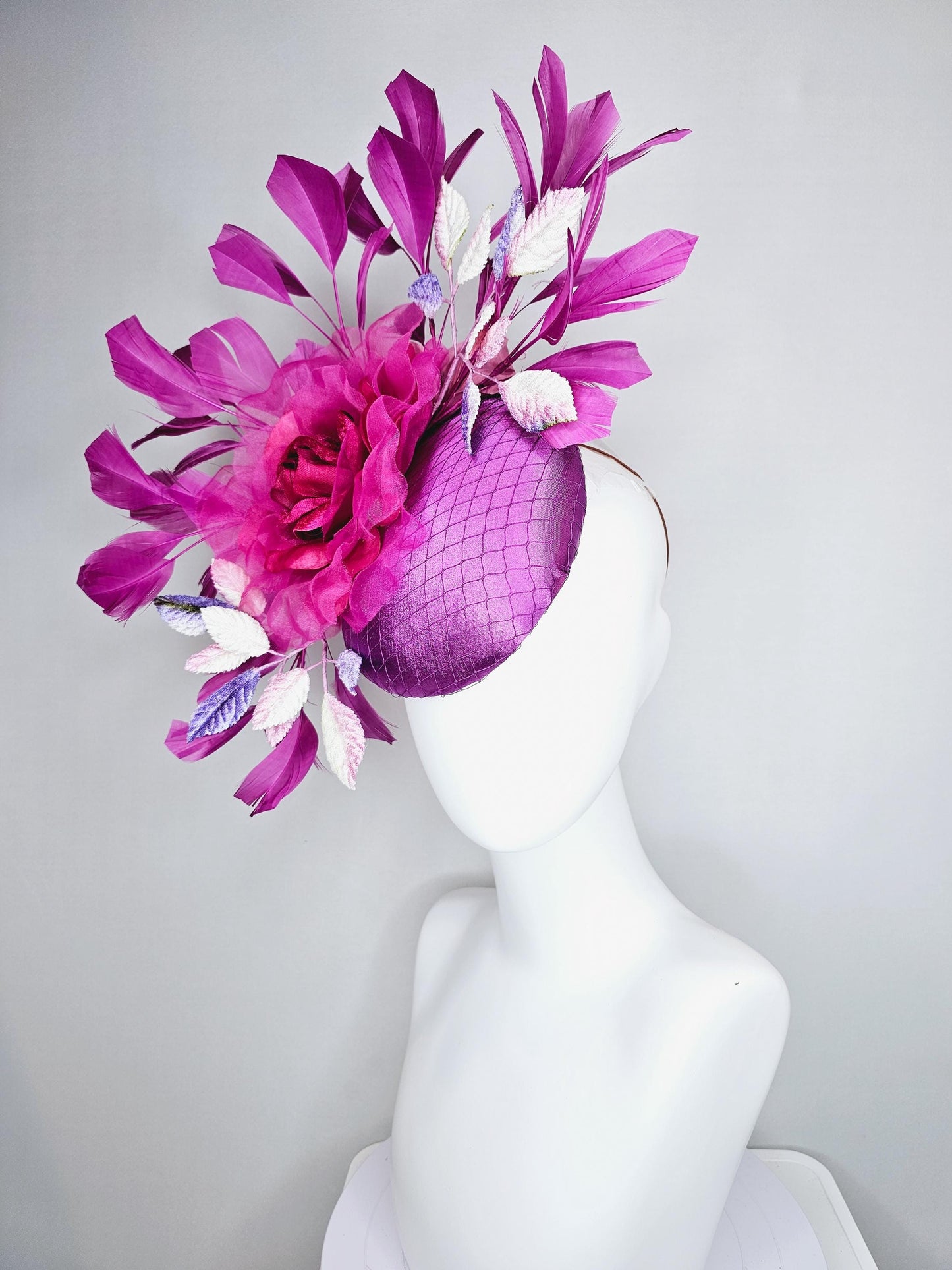 kentucky derby hat fascinator purple satin with netting, pink organza rose flower, ombre purple leaves, purple branching feathers