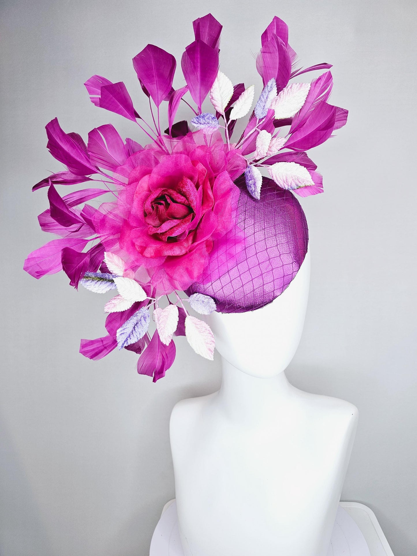 kentucky derby hat fascinator purple satin with netting, pink organza rose flower, ombre purple leaves, purple branching feathers