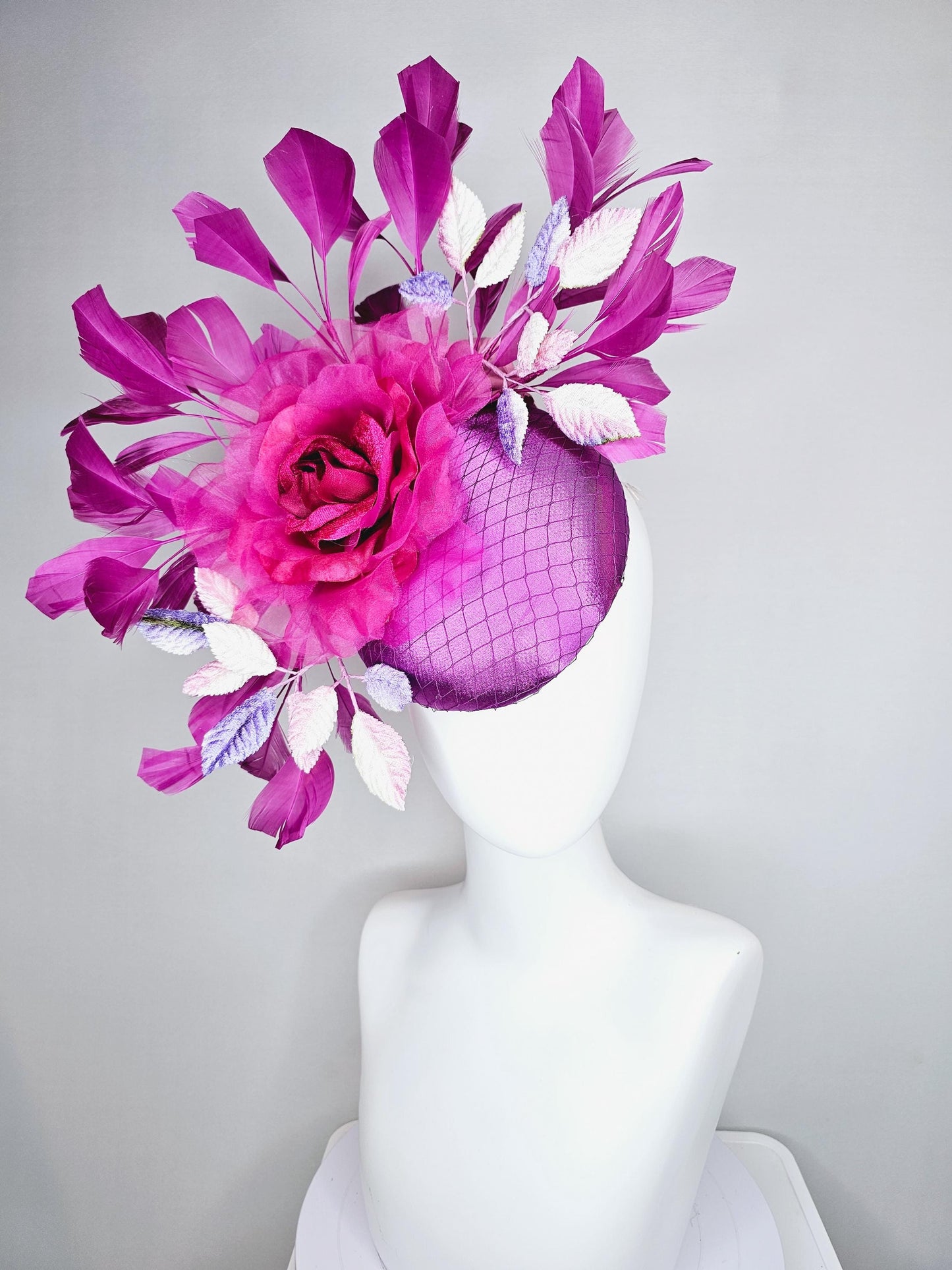 kentucky derby hat fascinator purple satin with netting, pink organza rose flower, ombre purple leaves, purple branching feathers