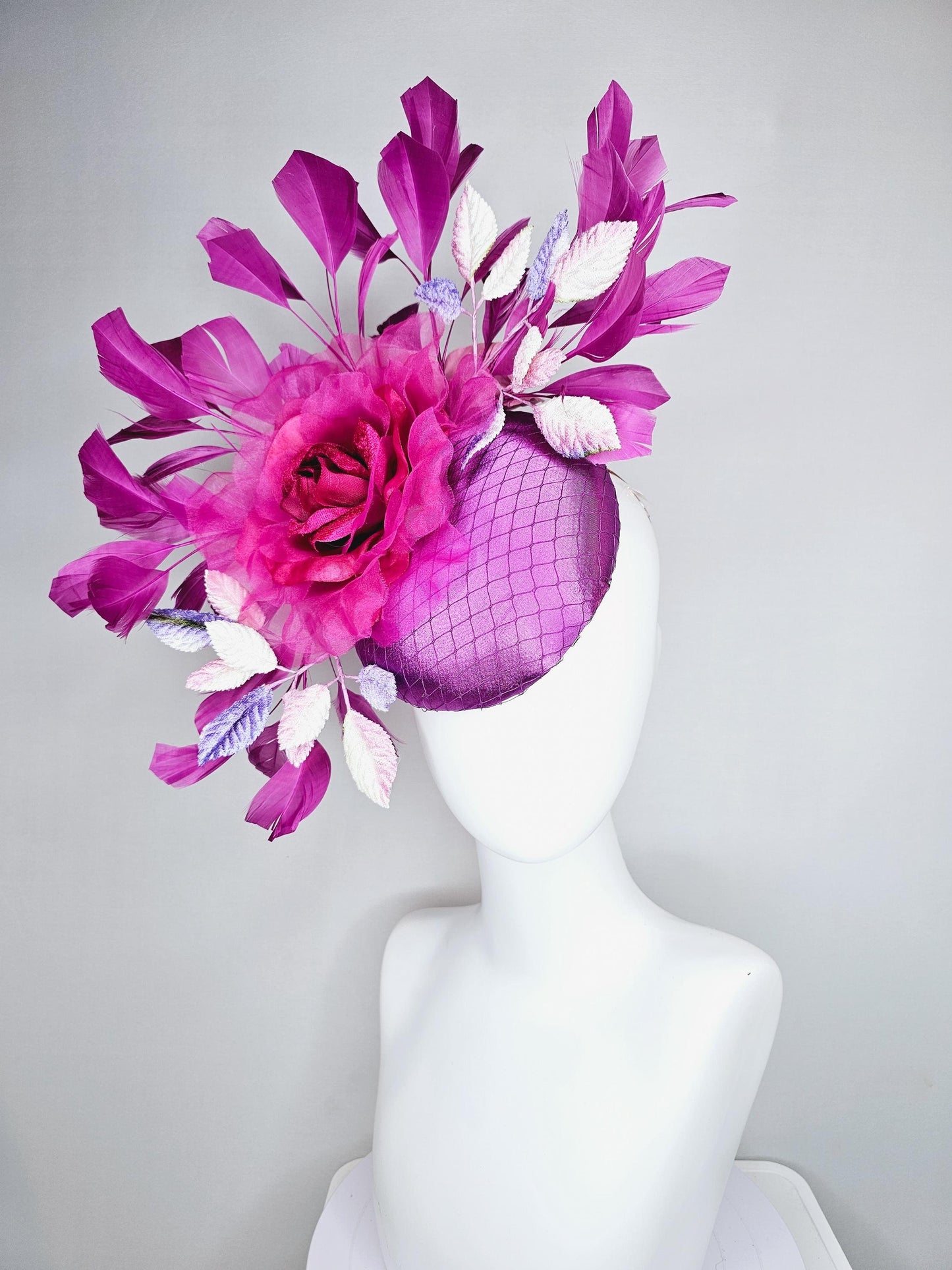 kentucky derby hat fascinator purple satin with netting, pink organza rose flower, ombre purple leaves, purple branching feathers