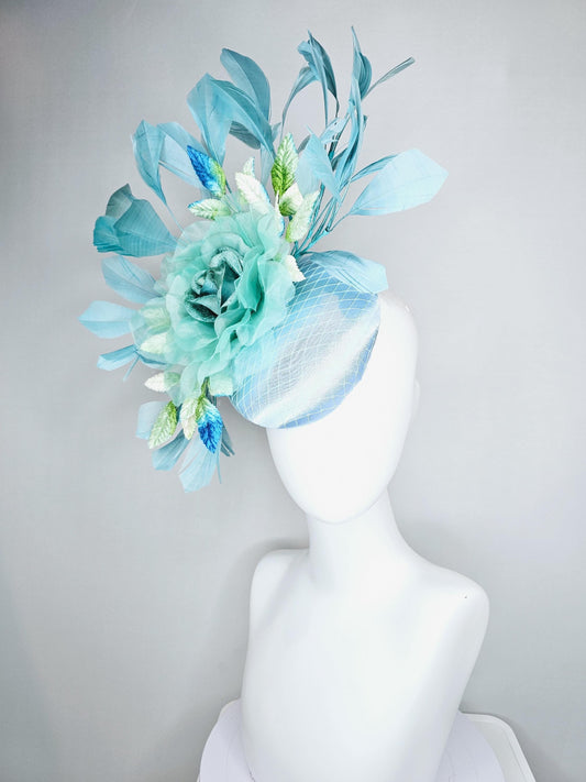 kentucky derby hat fascinator light blue satin with netting, green blue organza flower, ombre green leaves, teal blue branching feathers
