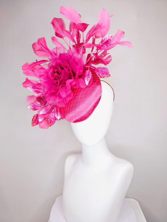 kentucky derby hat fascinator hot bright pink satin with netting,hot bright pink organza flower,pink leaves,bright pink branching feathers