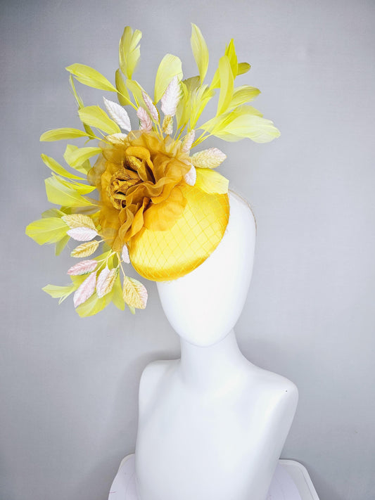 kentucky derby hat fascinator yellow satin with netting, mustard yellow organza flower, light pink yellow leaves, yellow branching feathers