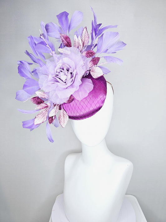 kentucky derby hat fascinator purple satin with netting, light purple organza flower, ombre purple leaves,lavender purple branching feathers