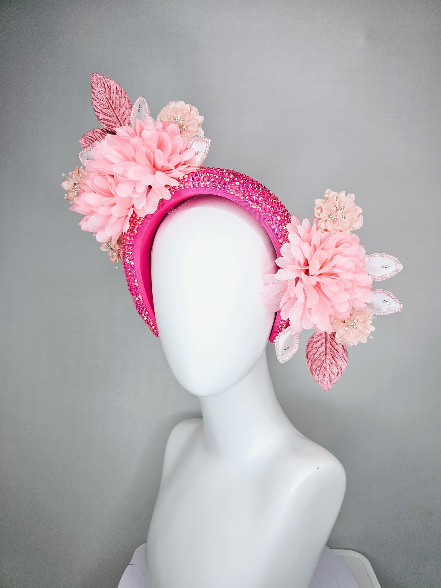 kentucky derby hat fascinator iridescent pink crystal headband,light blush pink satin silk flowers,dusty pink and pearl light pink leaves