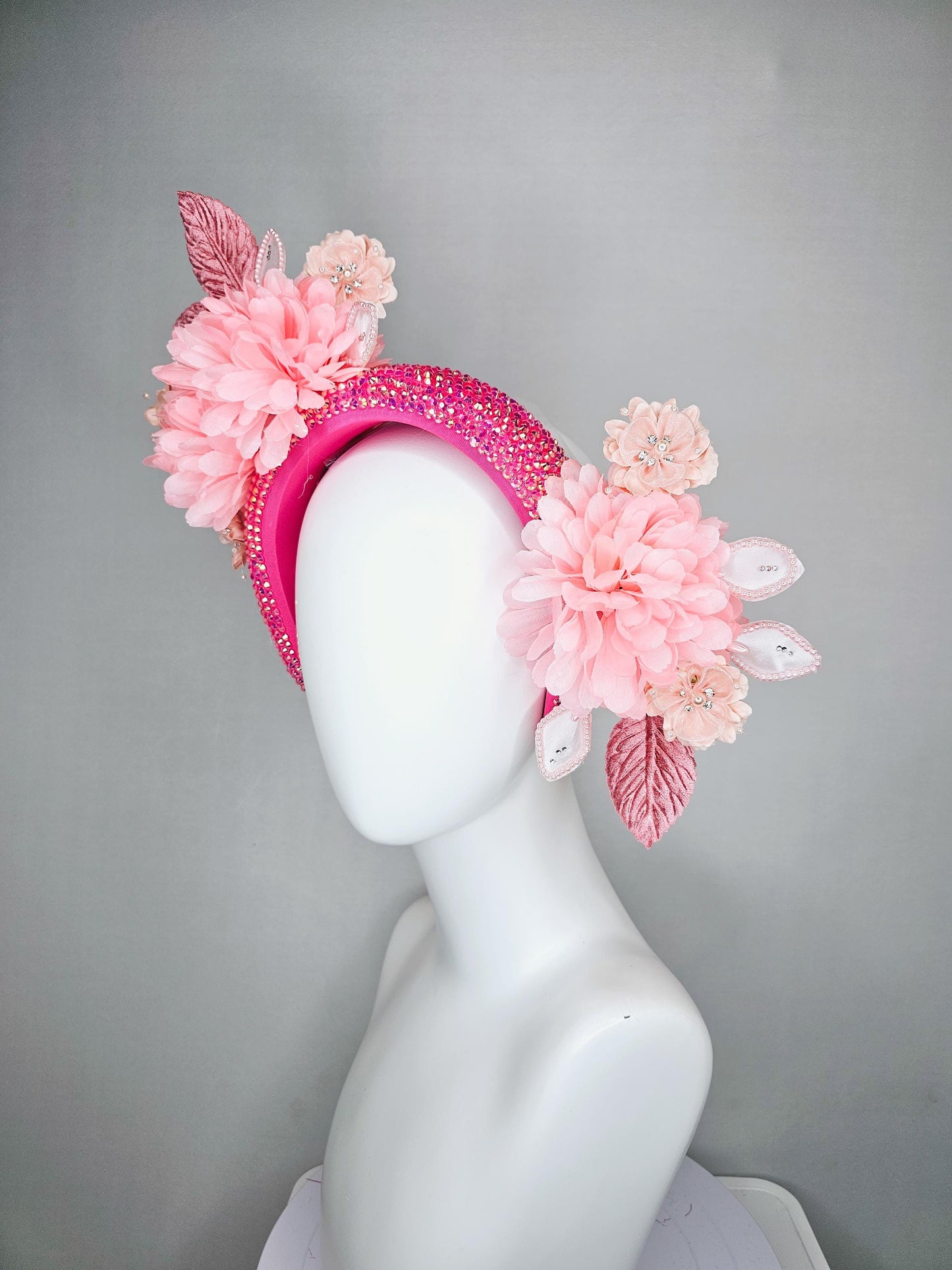 kentucky derby hat fascinator iridescent pink crystal headband,light blush pink satin silk flowers,dusty pink and pearl light pink leaves