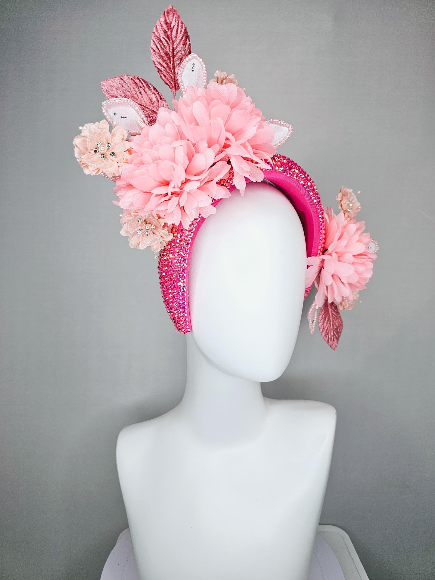 kentucky derby hat fascinator iridescent pink crystal headband,light blush pink satin silk flowers,dusty pink and pearl light pink leaves