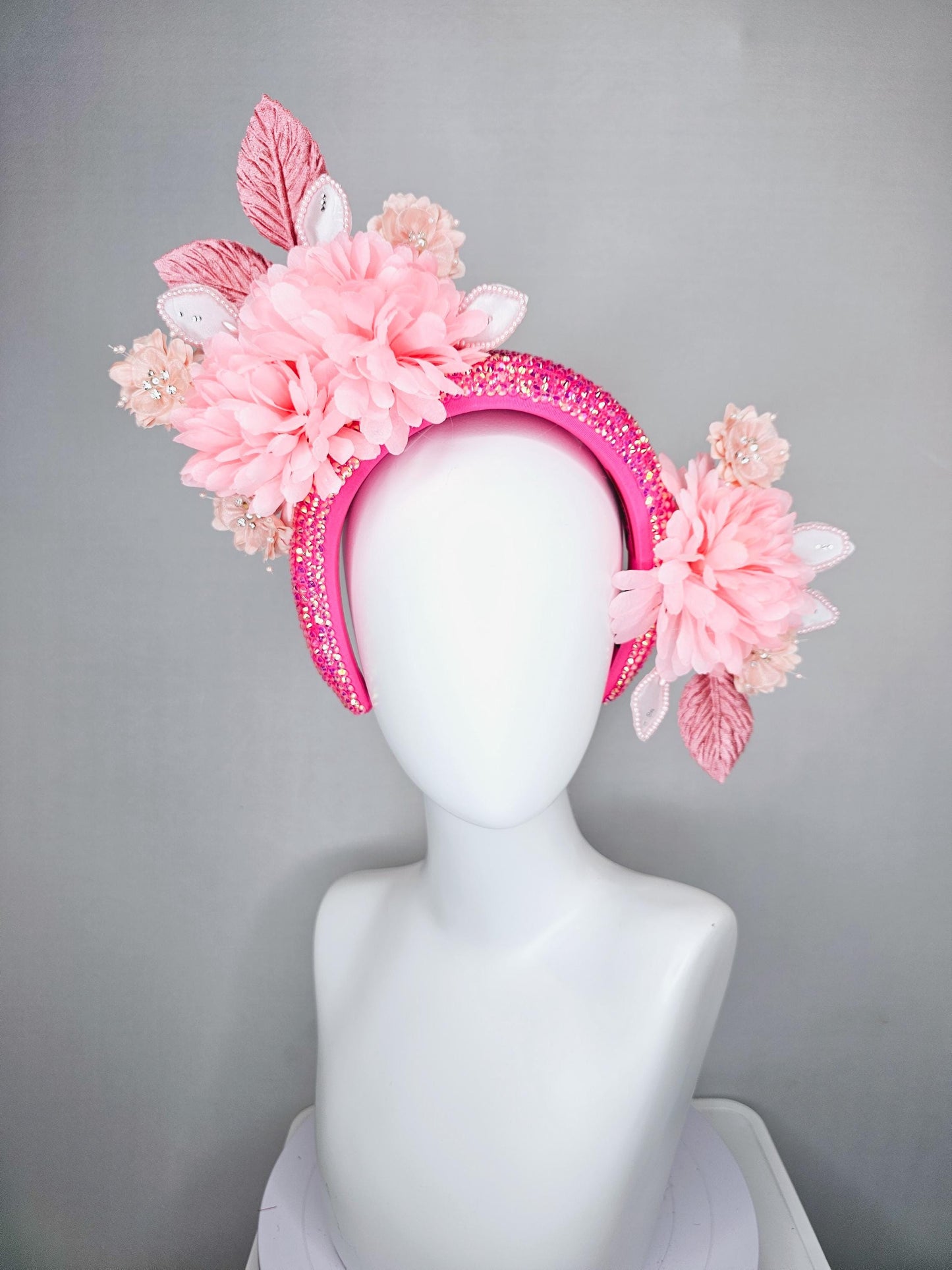 kentucky derby hat fascinator iridescent pink crystal headband,light blush pink satin silk flowers,dusty pink and pearl light pink leaves