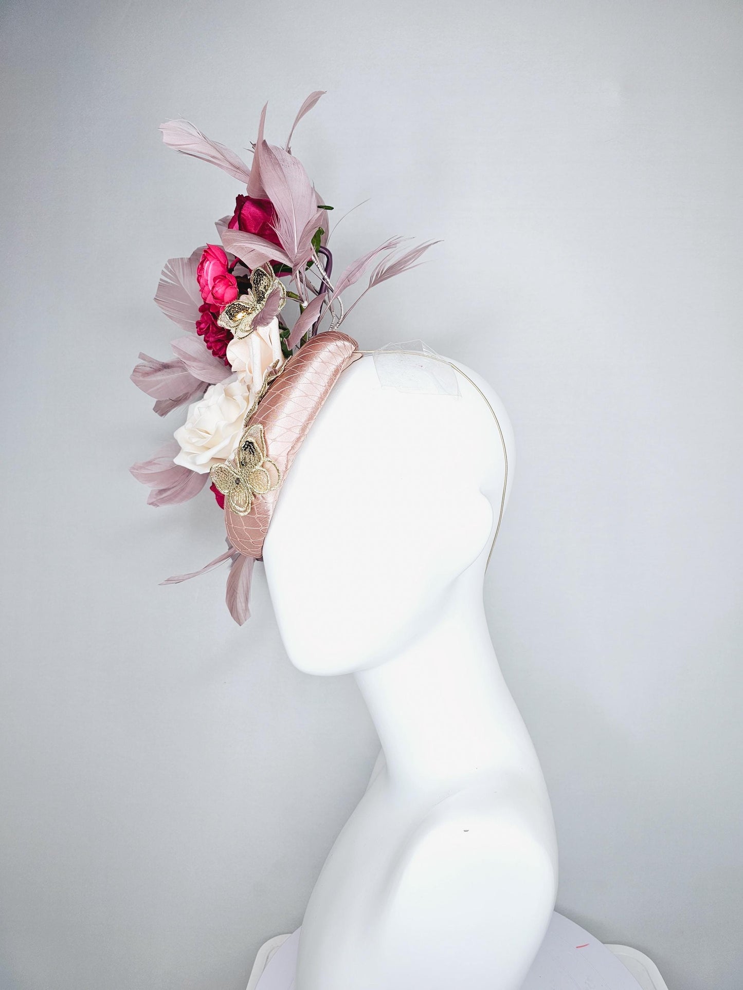 kentucky derby hat fascinator light pink satin with netting, white cherry red satin flowers,taupe branching feathers,gold sequin butterflies