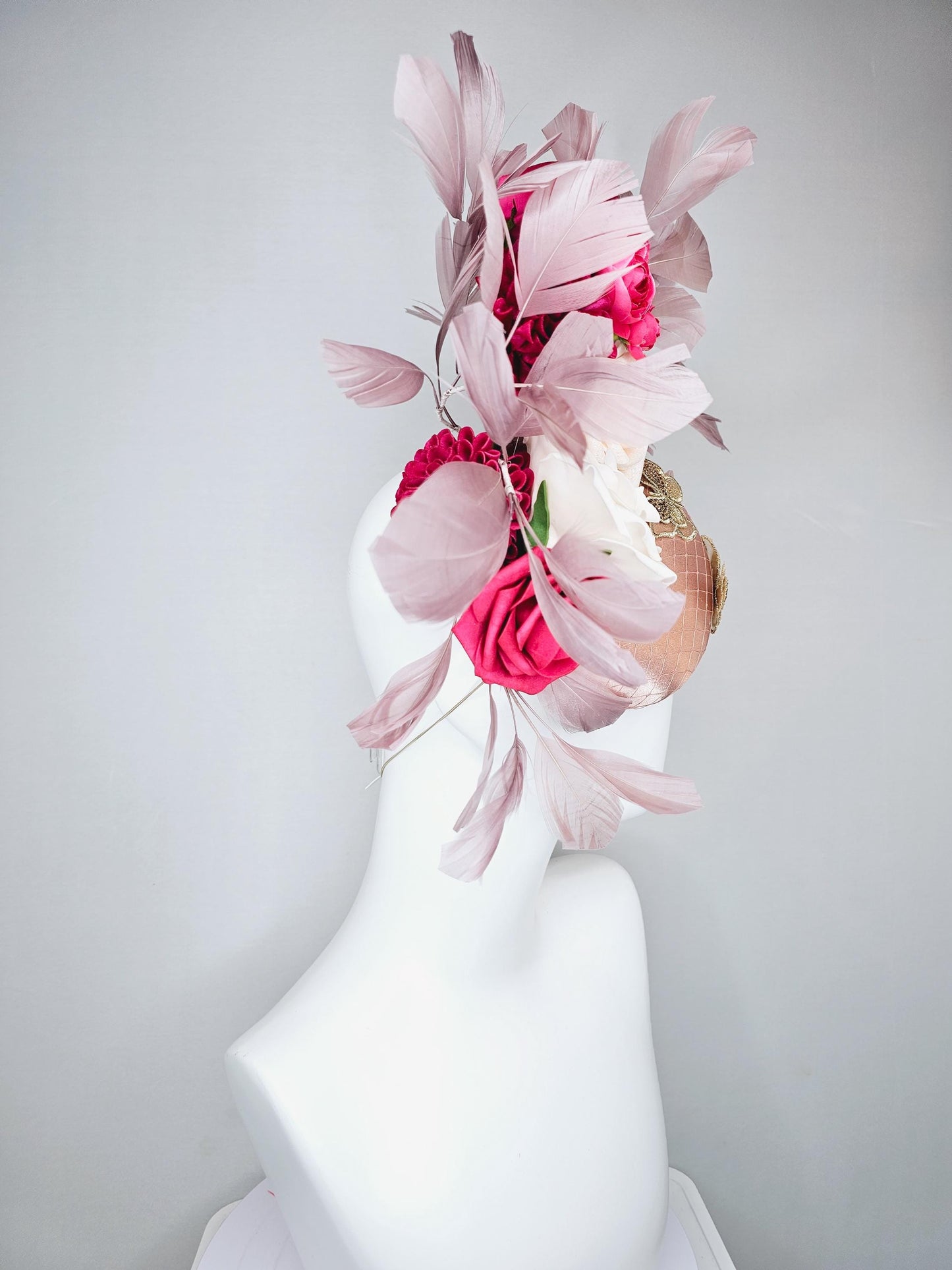 kentucky derby hat fascinator light pink satin with netting, white cherry red satin flowers,taupe branching feathers,gold sequin butterflies