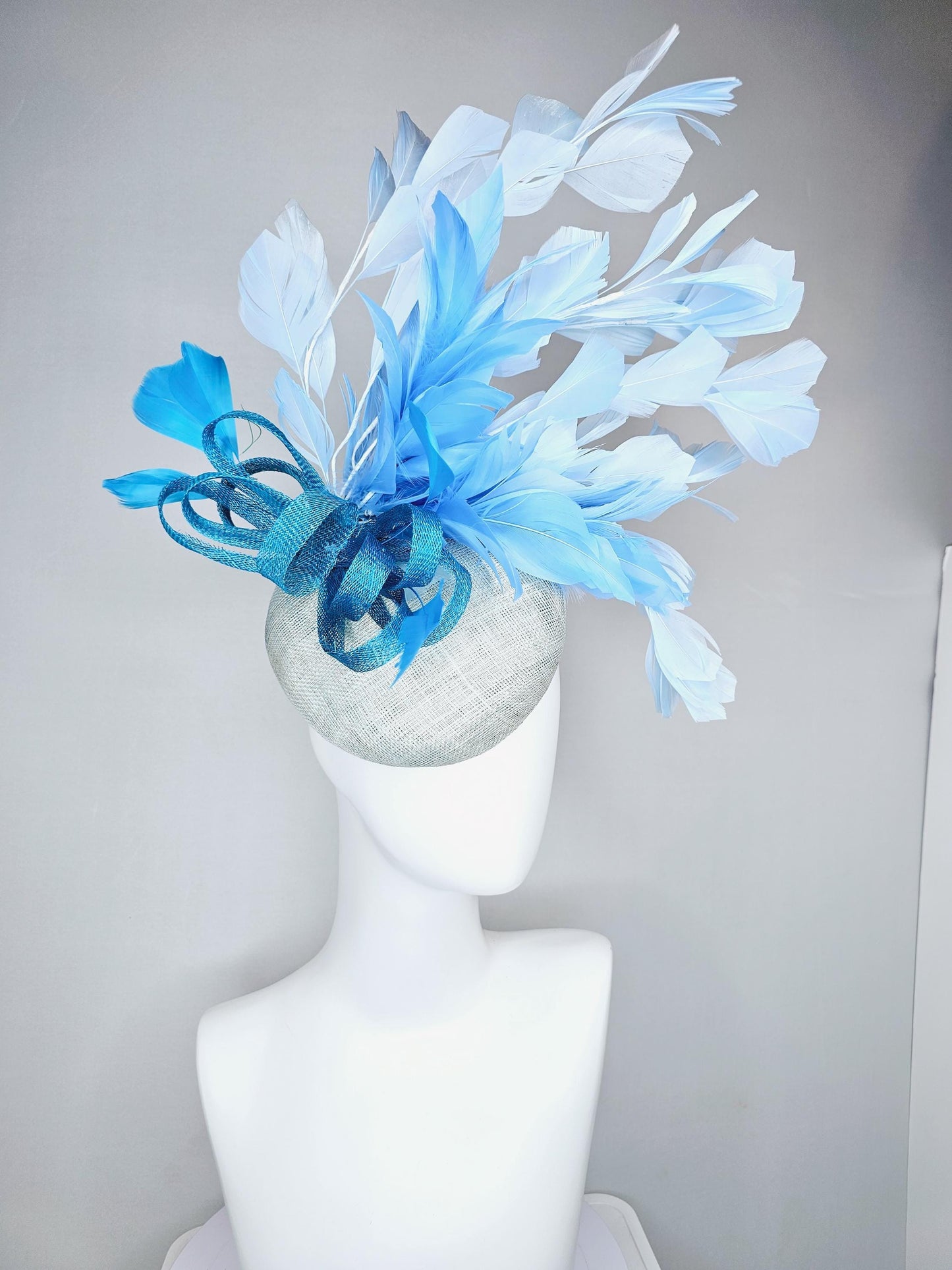 kentucky derby hat fascinator light baby blue sinamay base with blue sinamay bow, sky blue baby blue light blue branching feathers