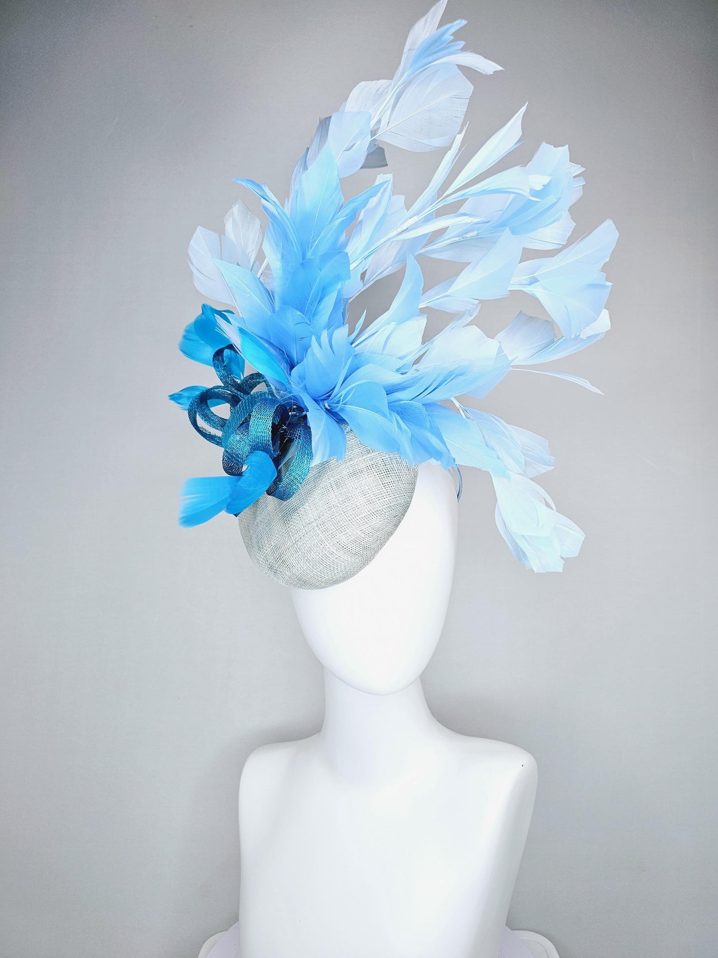 kentucky derby hat fascinator light baby blue sinamay base with blue sinamay bow, sky blue baby blue light blue branching feathers