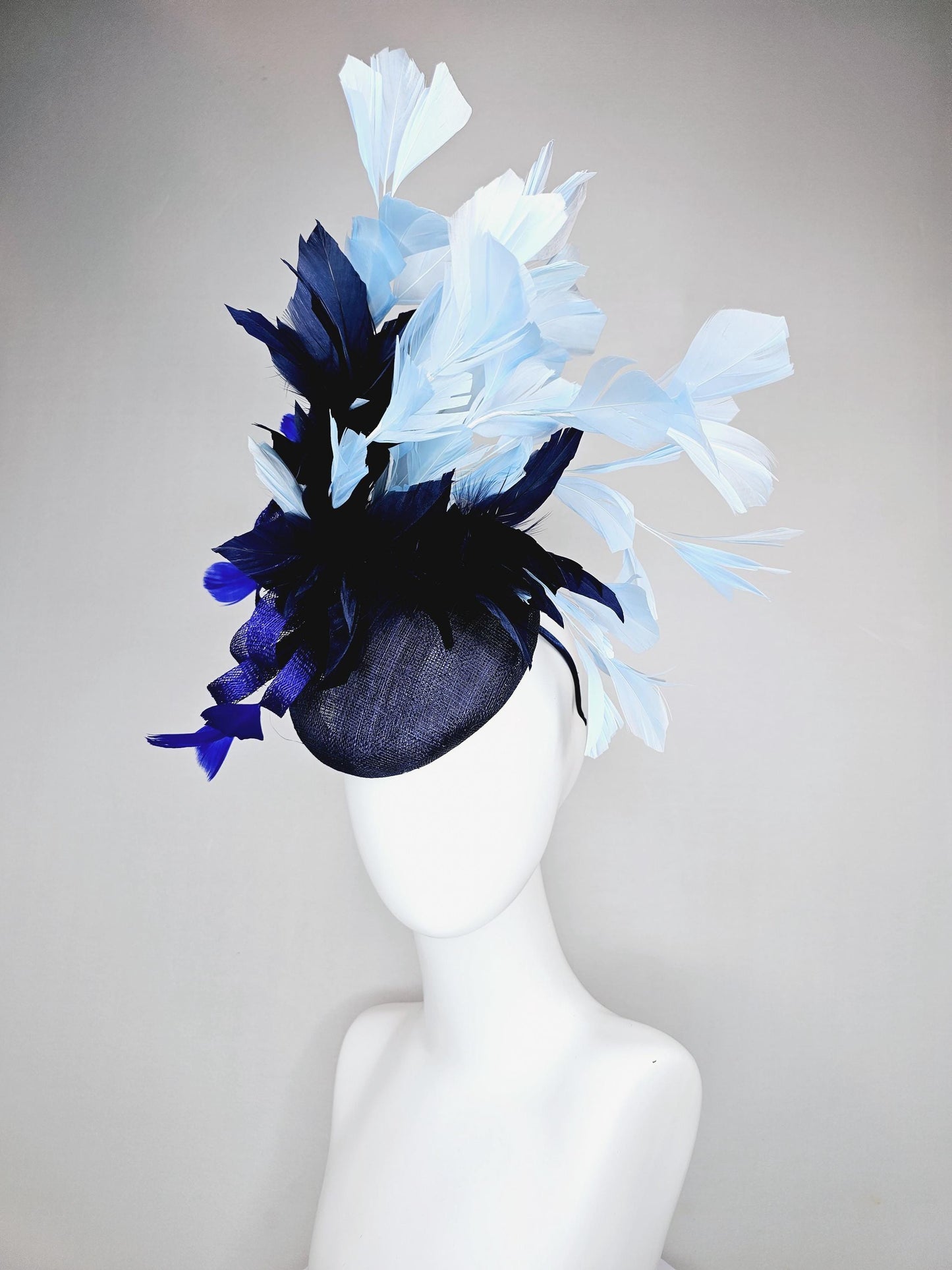 kentucky derby hat fascinator navy blue sinamay base w/ royal blue sinamay bow w/royal blue feathers,navy blue light blue branching feathers