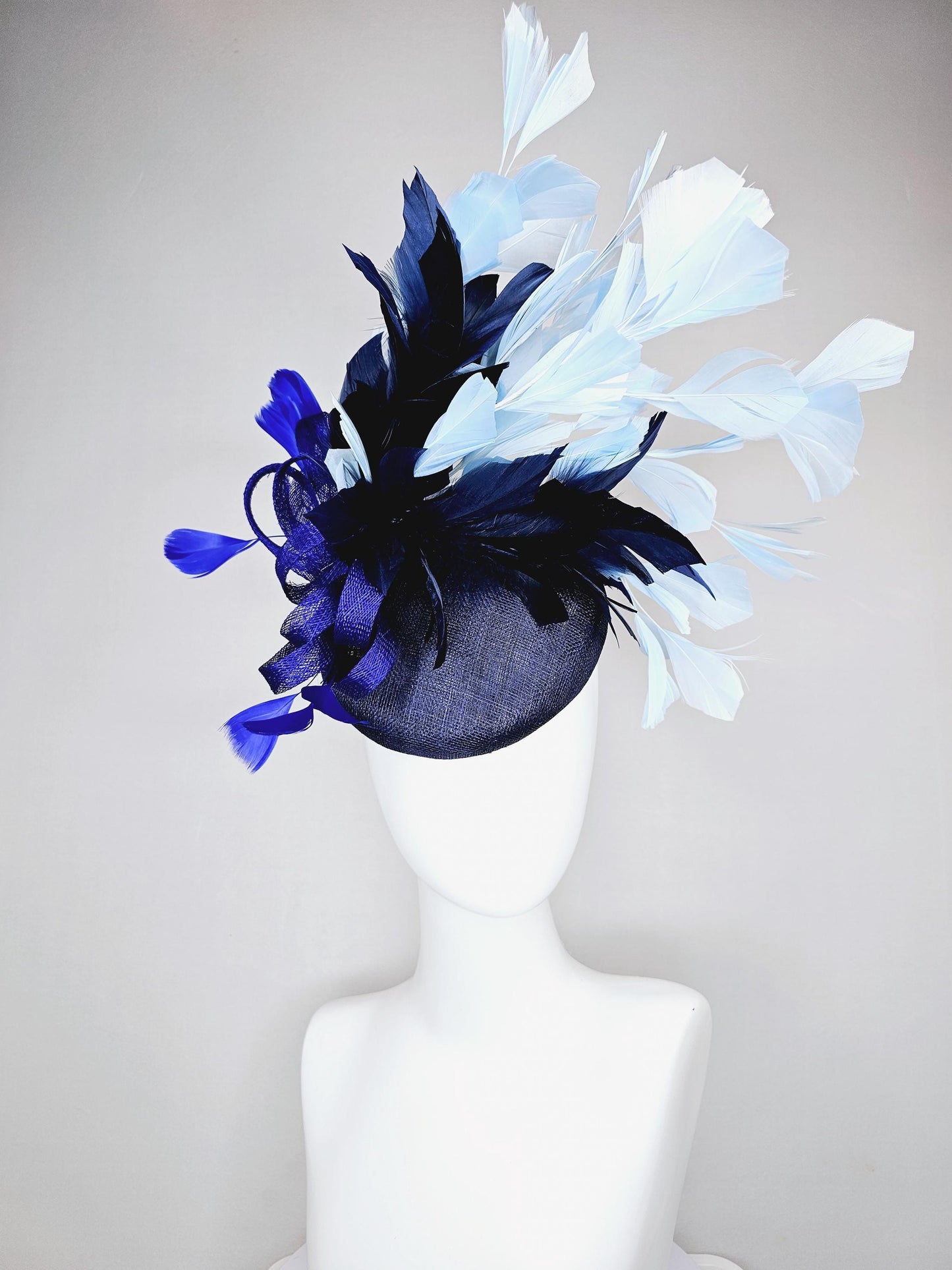 kentucky derby hat fascinator navy blue sinamay base w/ royal blue sinamay bow w/royal blue feathers,navy blue light blue branching feathers