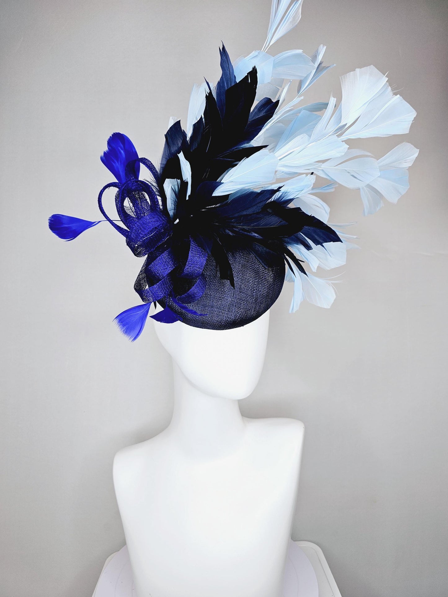 kentucky derby hat fascinator navy blue sinamay base w/ royal blue sinamay bow w/royal blue feathers,navy blue light blue branching feathers