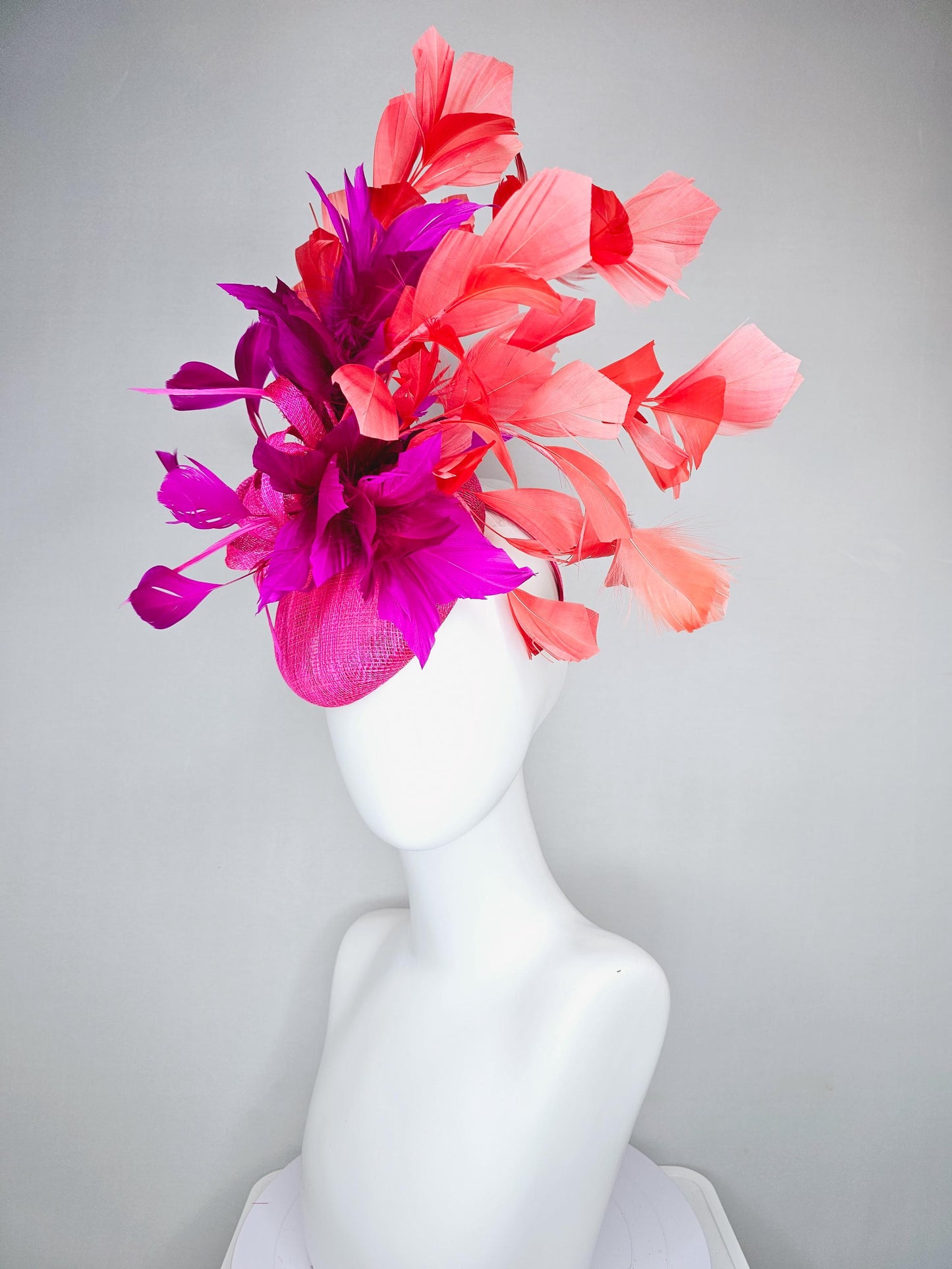 kentucky derby hat fascinator hot bright pink sinamay base with bright pink sinamay bow flower, pink fuchsia coral orange branching feathers