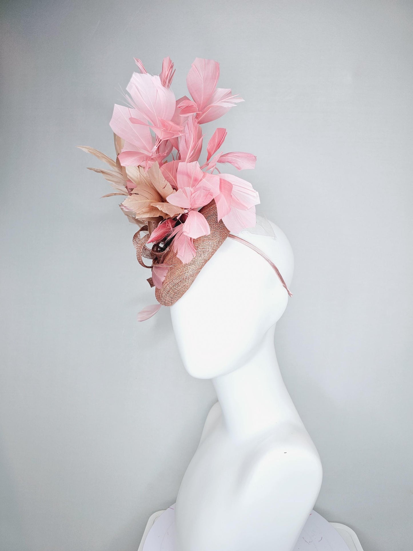 kentucky derby hat fascinator dusty pink sinamay base with dusty pink sinamay bow flower, dusty pink champagne light pink branching feathers