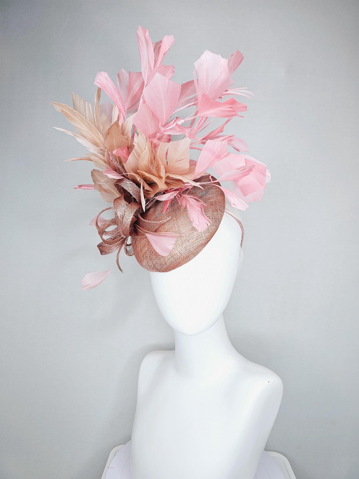 kentucky derby hat fascinator dusty pink sinamay base with dusty pink sinamay bow flower, dusty pink champagne light pink branching feathers