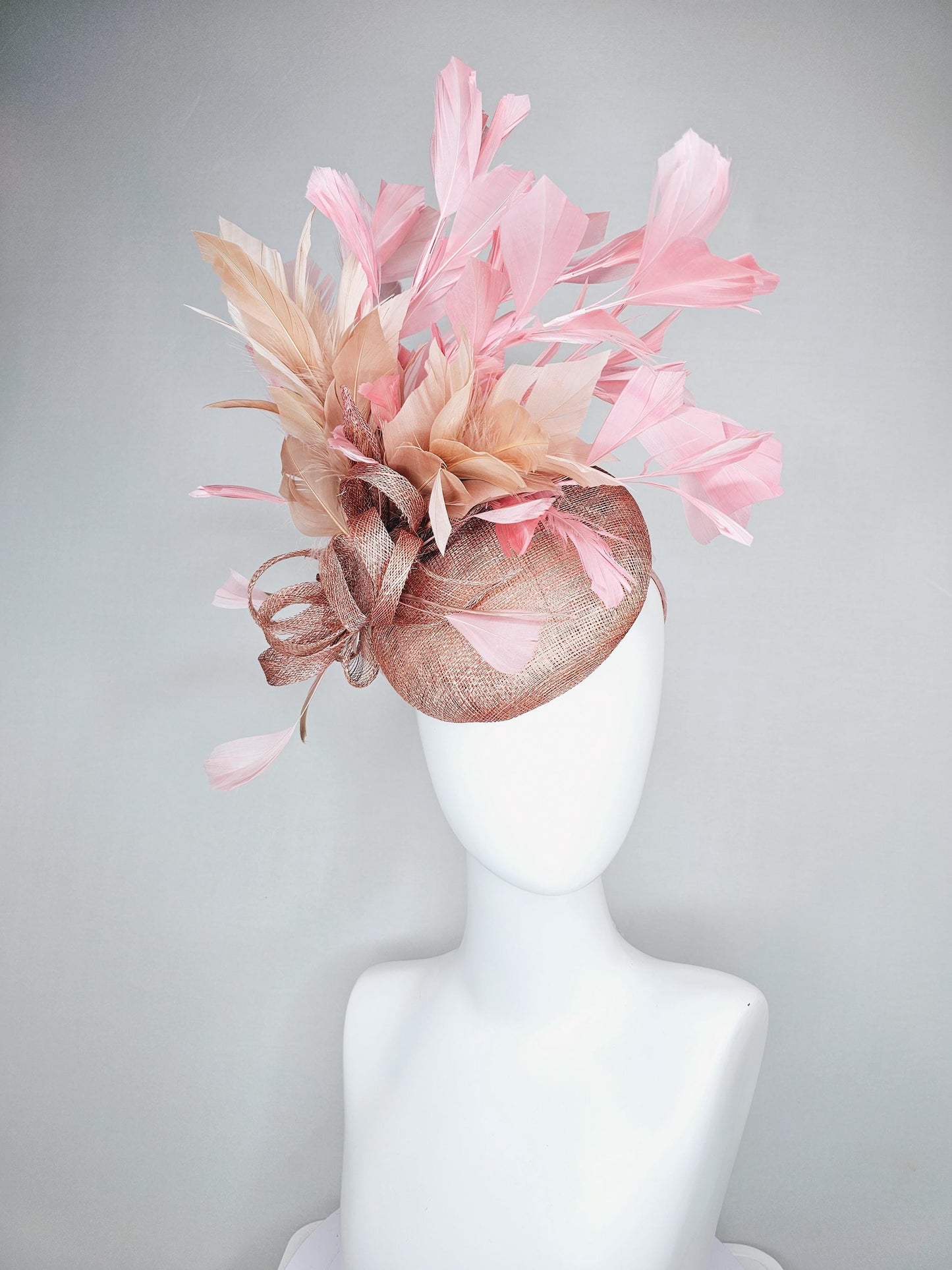 kentucky derby hat fascinator dusty pink sinamay base with dusty pink sinamay bow flower, dusty pink champagne light pink branching feathers