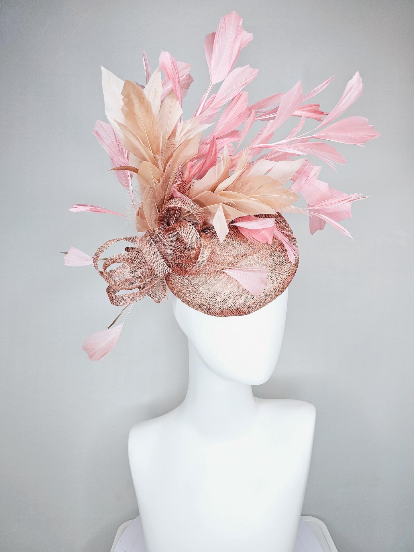 kentucky derby hat fascinator dusty pink sinamay base with dusty pink sinamay bow flower, dusty pink champagne light pink branching feathers