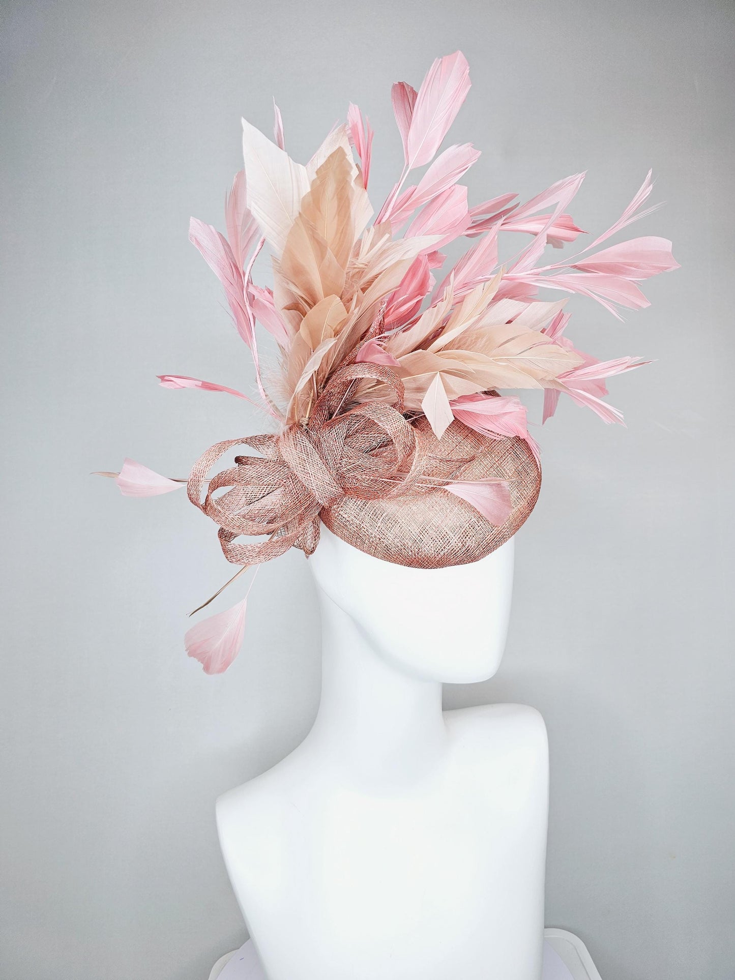 kentucky derby hat fascinator dusty pink sinamay base with dusty pink sinamay bow flower, dusty pink champagne light pink branching feathers