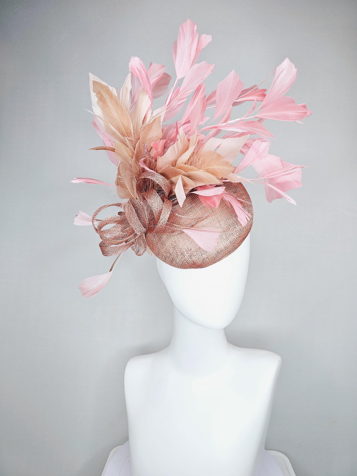 kentucky derby hat fascinator dusty pink sinamay base with dusty pink sinamay bow flower, dusty pink champagne light pink branching feathers