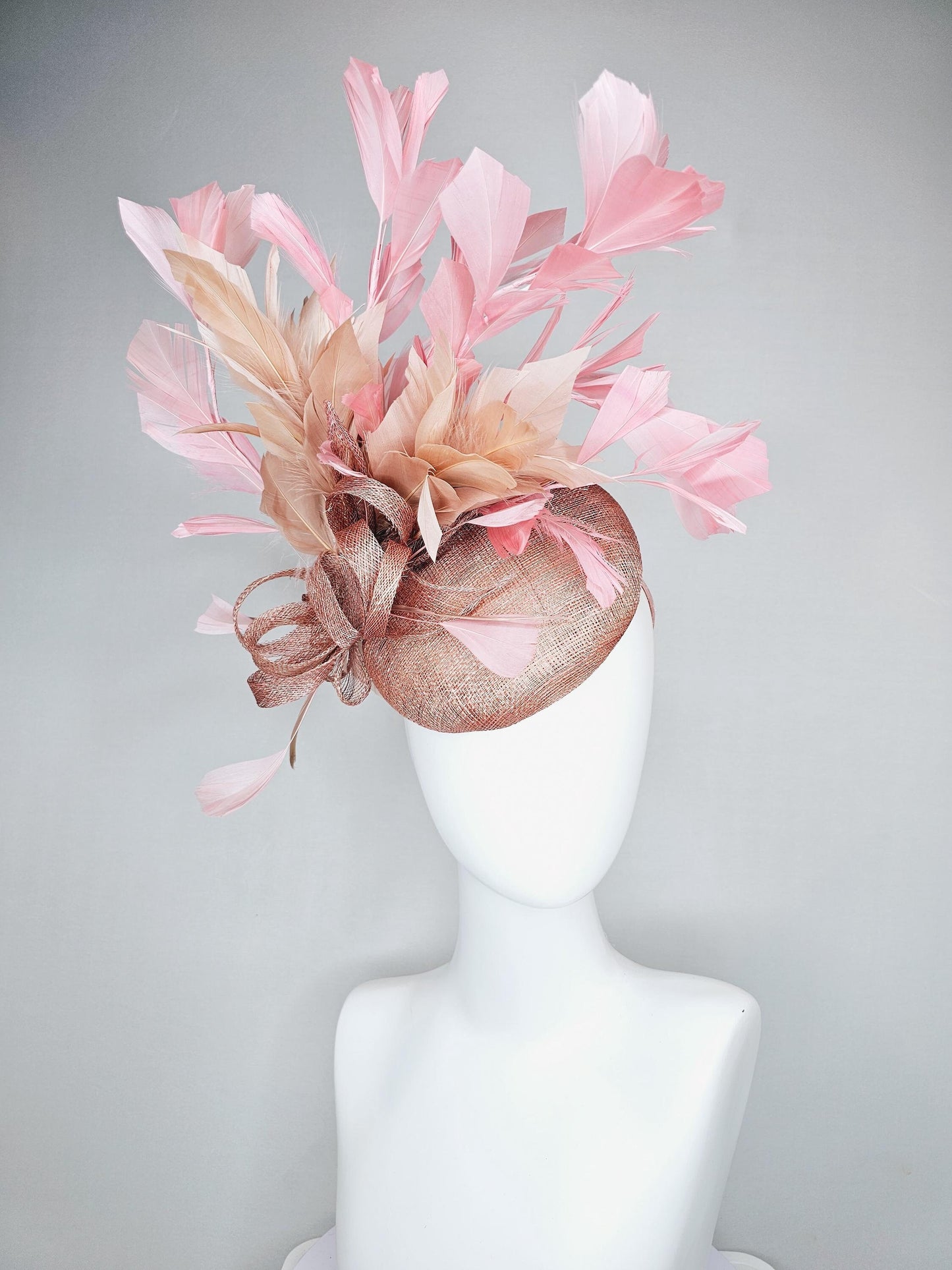 kentucky derby hat fascinator dusty pink sinamay base with dusty pink sinamay bow flower, dusty pink champagne light pink branching feathers