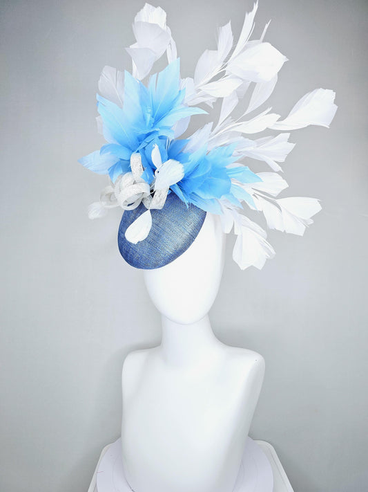 kentucky derby hat fascinator dark blue sinamay base with white sinamay bow, sky blue and white branching feathers