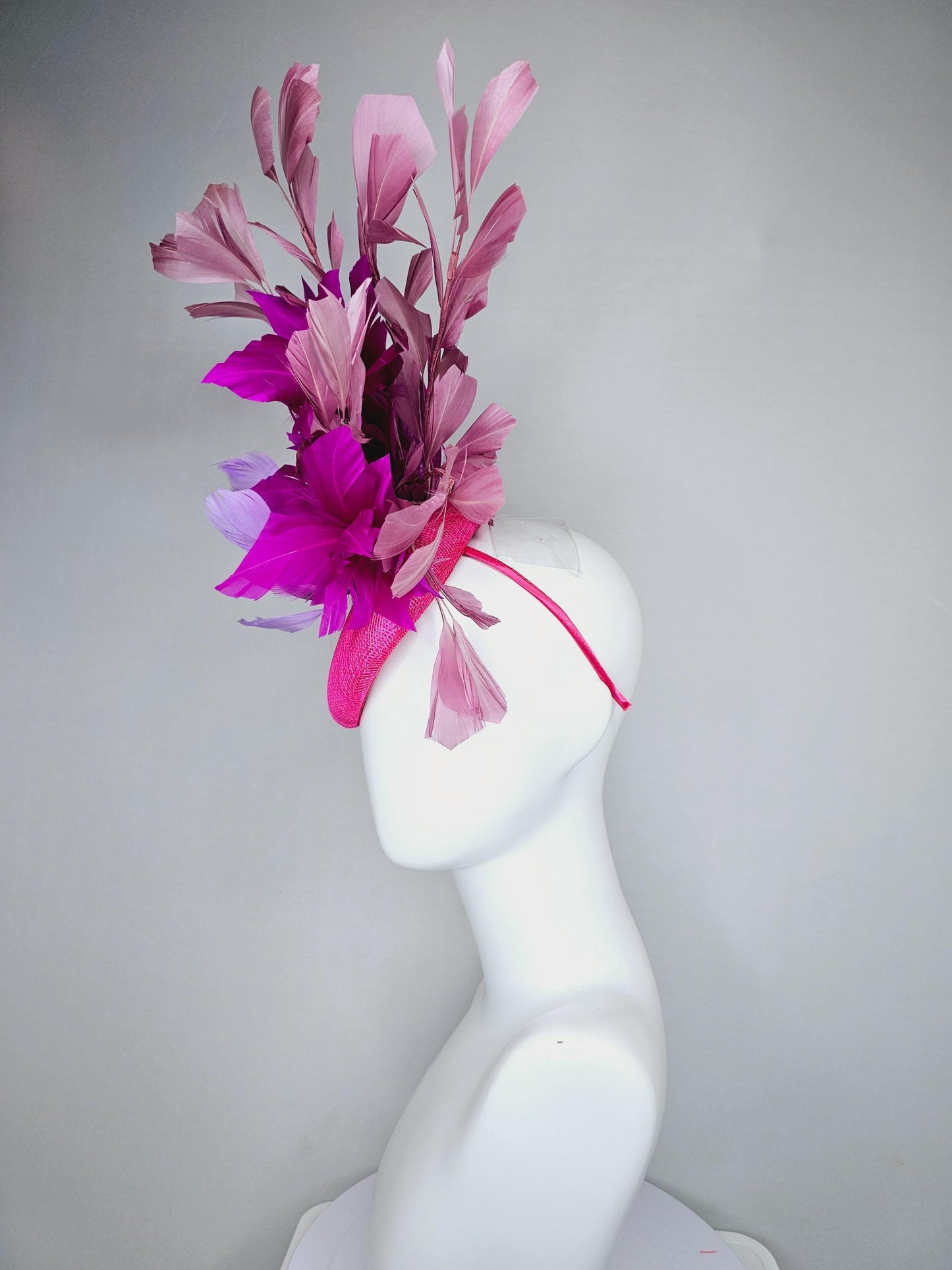 kentucky derby hat fascinator hot bright pink sinamay base with purple sinamay bow, purple pink fuchsia blush pink branching feathers