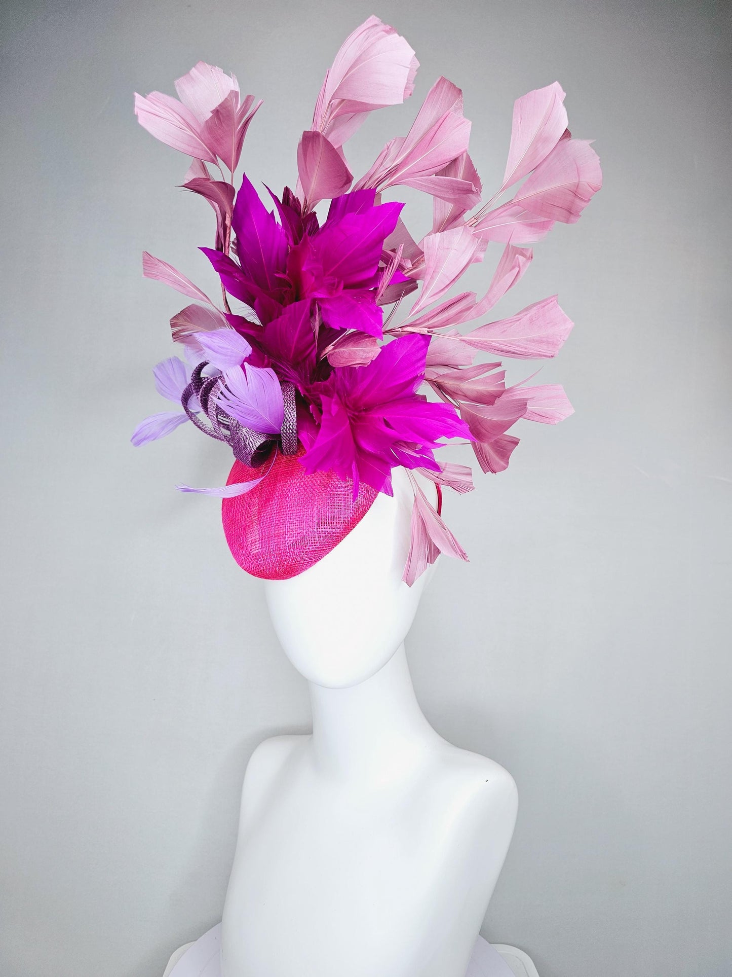 kentucky derby hat fascinator hot bright pink sinamay base with purple sinamay bow, purple pink fuchsia blush pink branching feathers