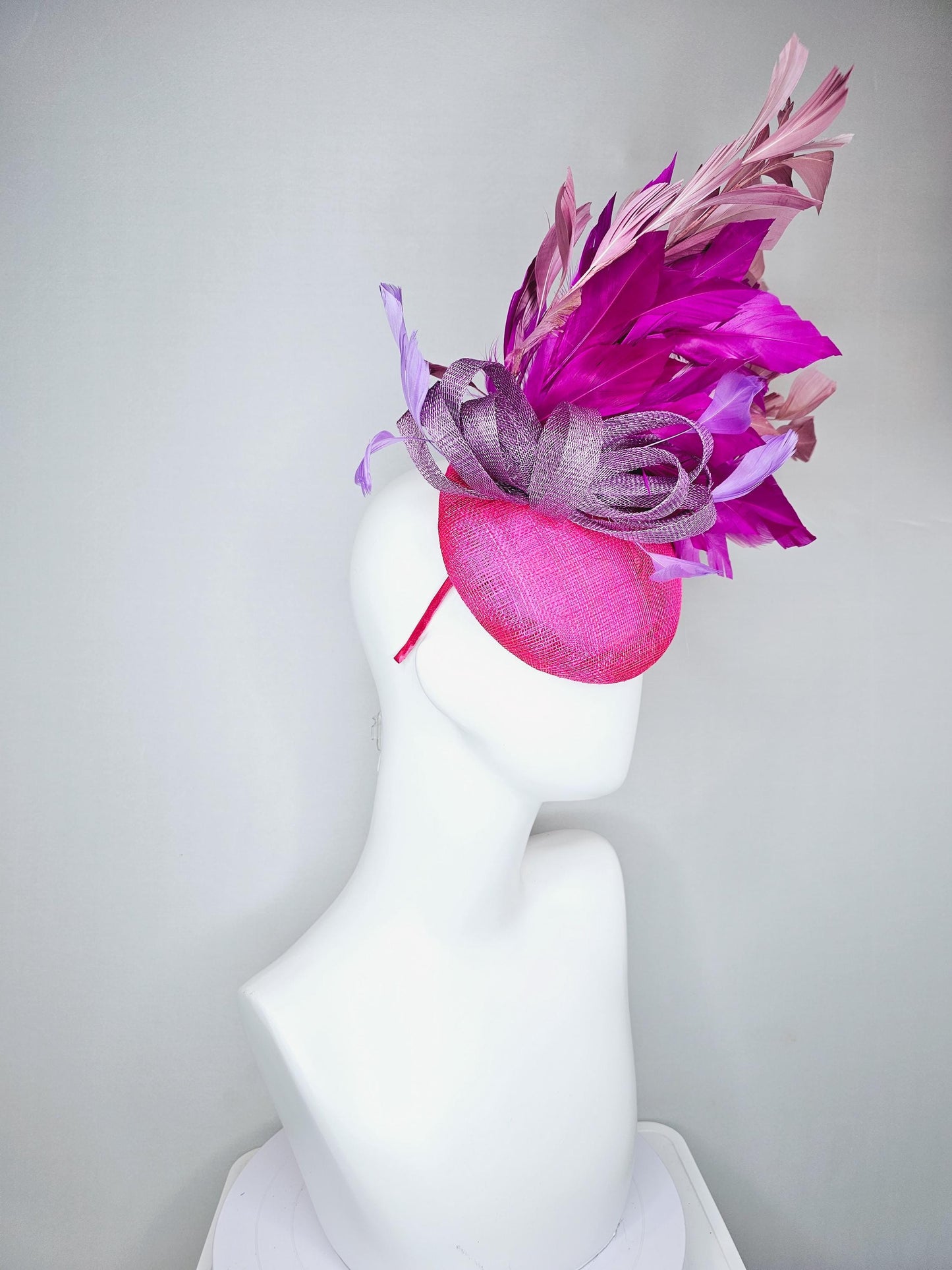 kentucky derby hat fascinator hot bright pink sinamay base with purple sinamay bow, purple pink fuchsia blush pink branching feathers