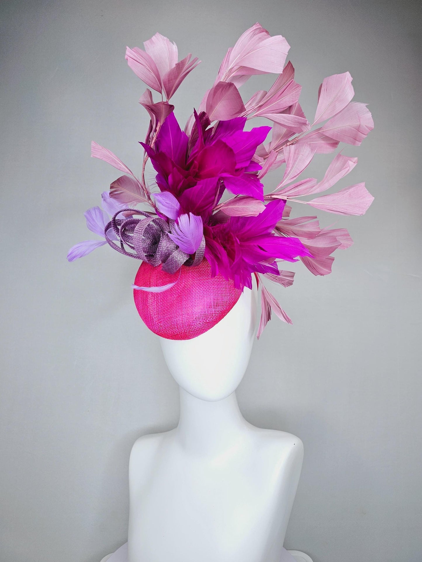 kentucky derby hat fascinator hot bright pink sinamay base with purple sinamay bow, purple pink fuchsia blush pink branching feathers