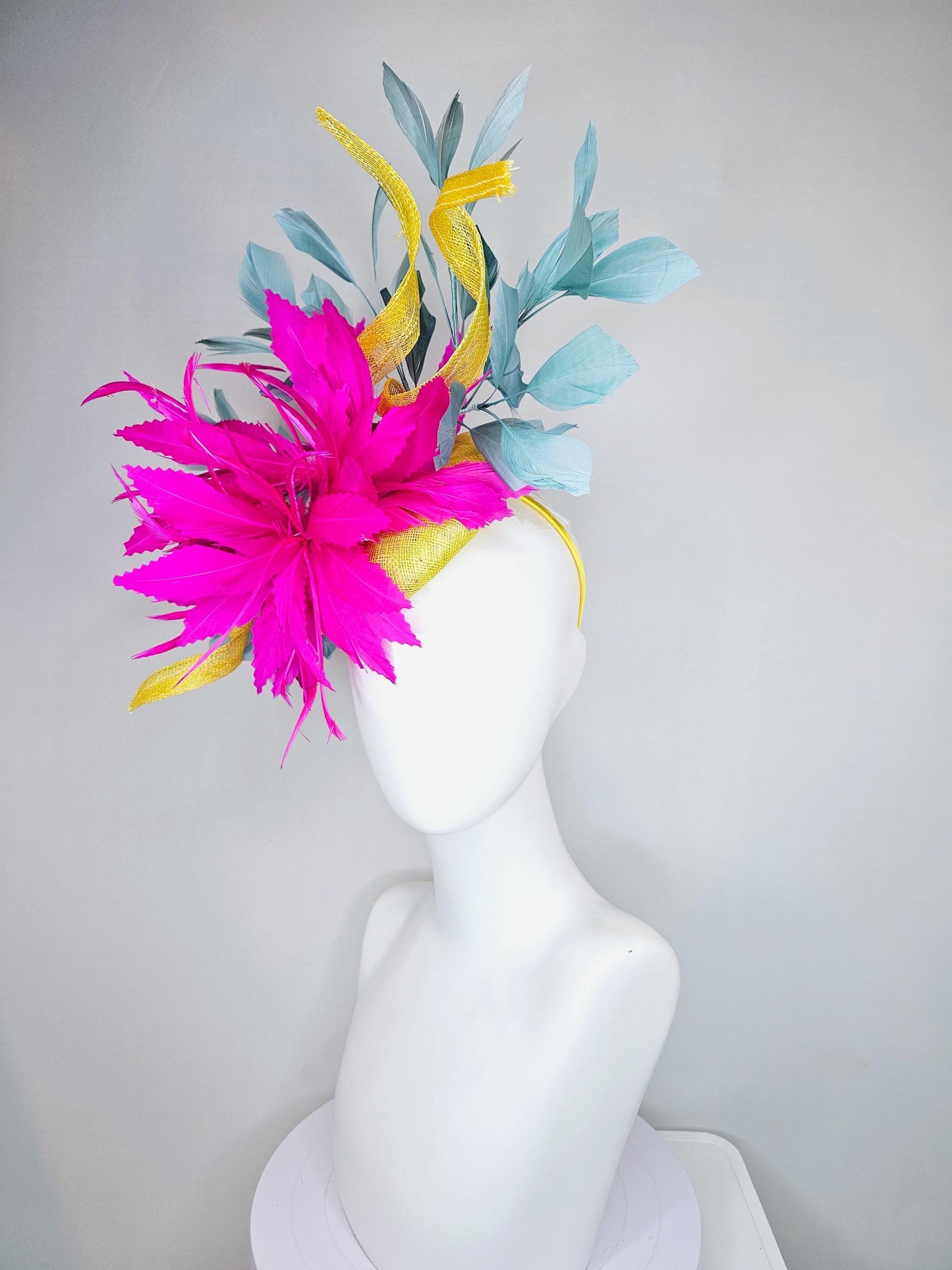 kentucky derby hat fascinator bright yellow sinamay with curls,bright hot pink feather flowers and teal blue branching feathers