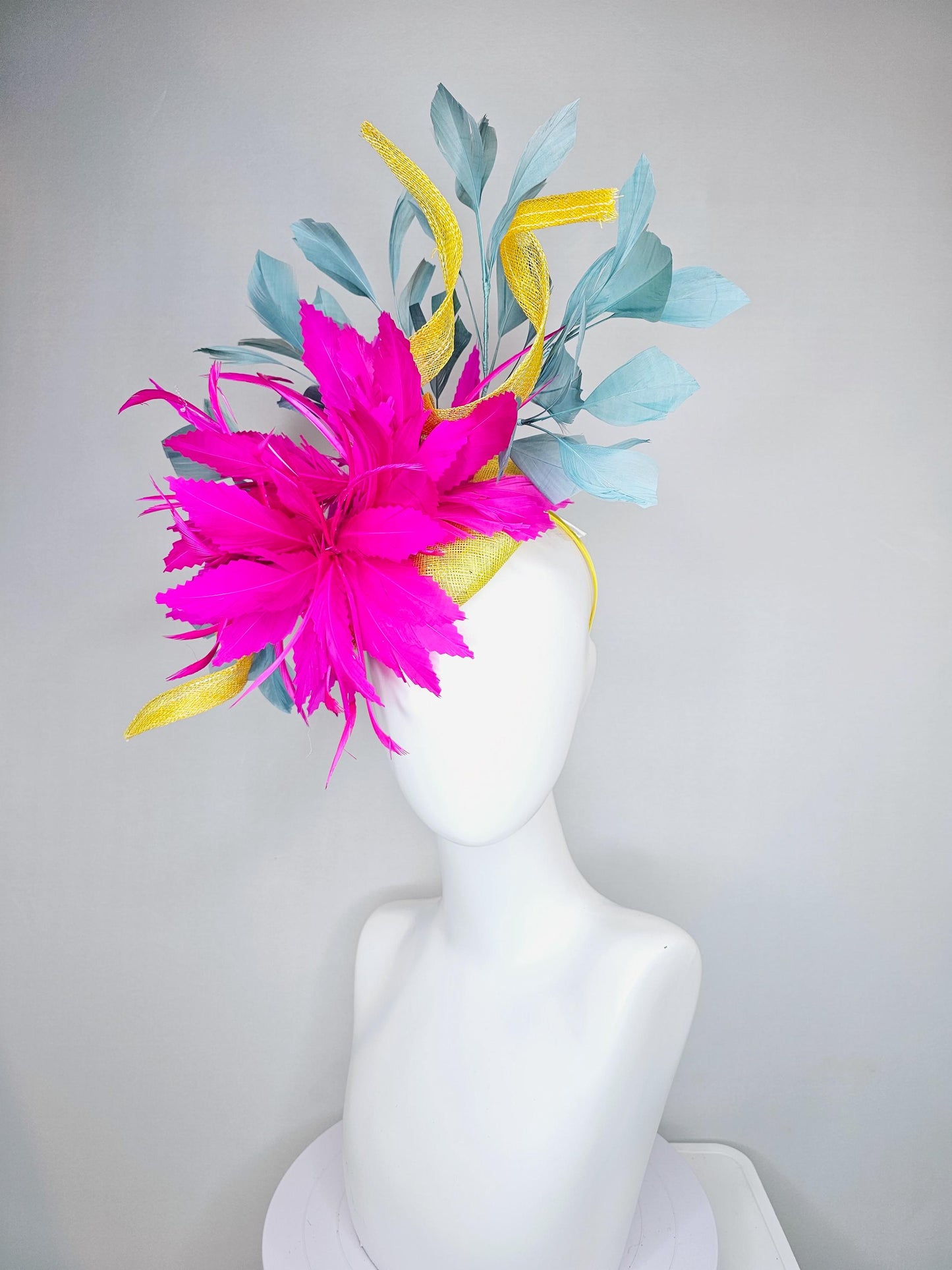 kentucky derby hat fascinator bright yellow sinamay with curls,bright hot pink feather flowers and teal blue branching feathers