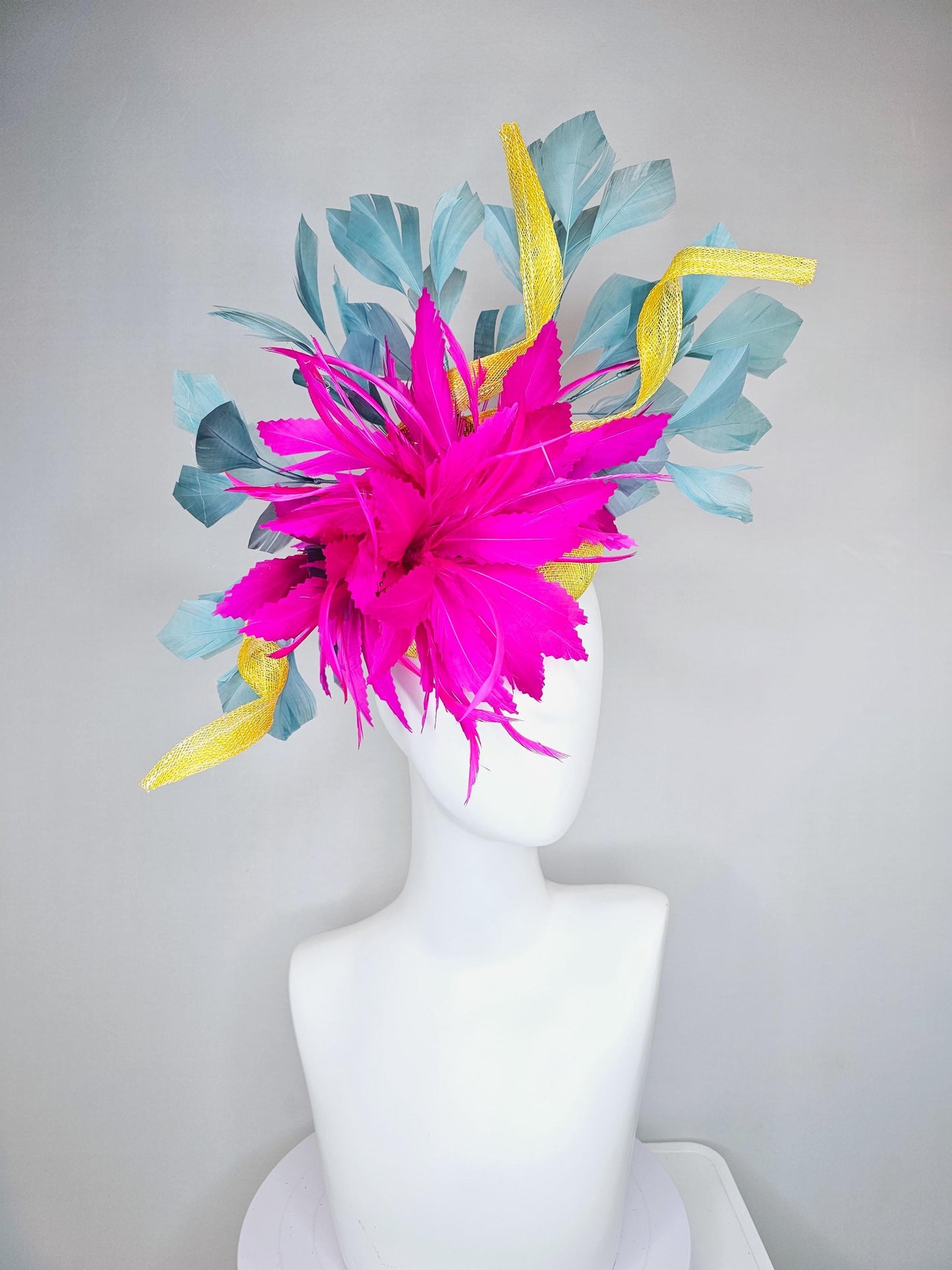 kentucky derby hat fascinator bright yellow sinamay with curls,bright hot pink feather flowers and teal blue branching feathers