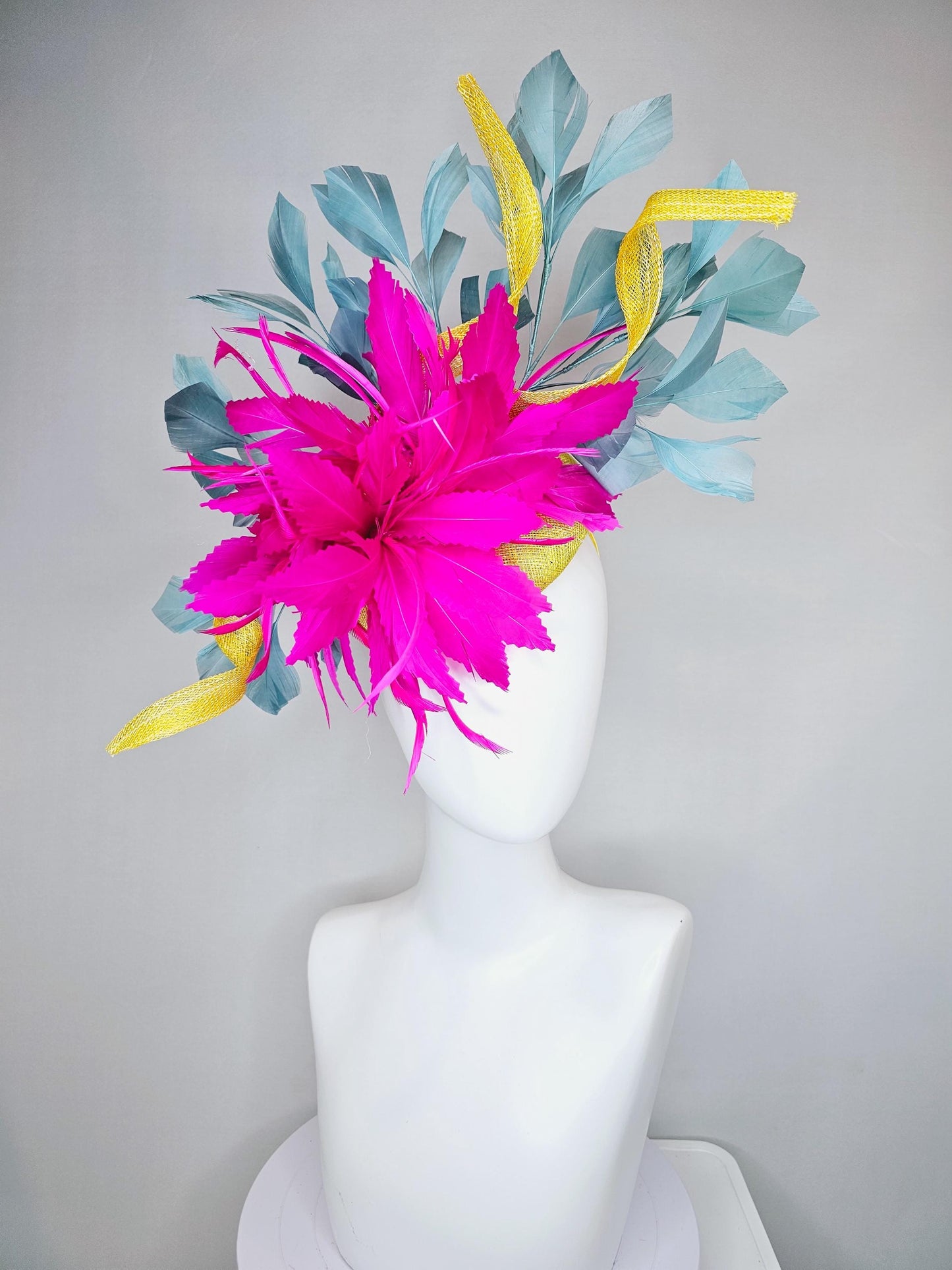 kentucky derby hat fascinator bright yellow sinamay with curls,bright hot pink feather flowers and teal blue branching feathers