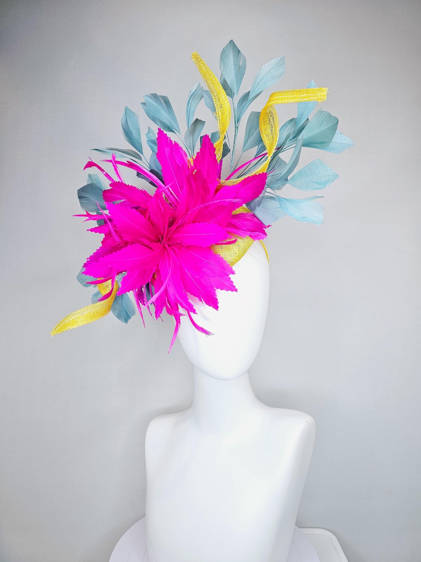 kentucky derby hat fascinator bright yellow sinamay with curls,bright hot pink feather flowers and teal blue branching feathers