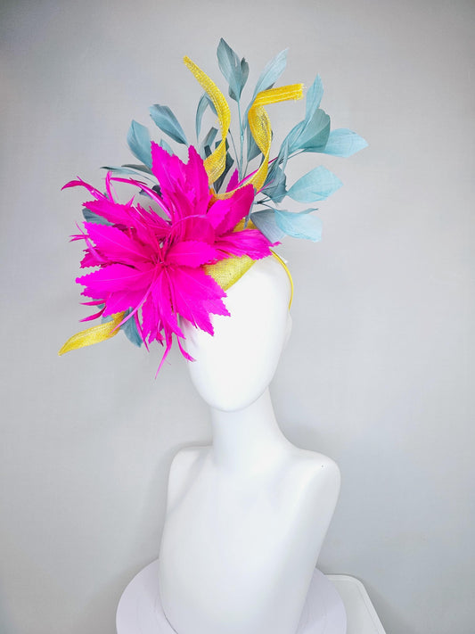 kentucky derby hat fascinator bright yellow sinamay with curls,bright hot pink feather flowers and teal blue branching feathers