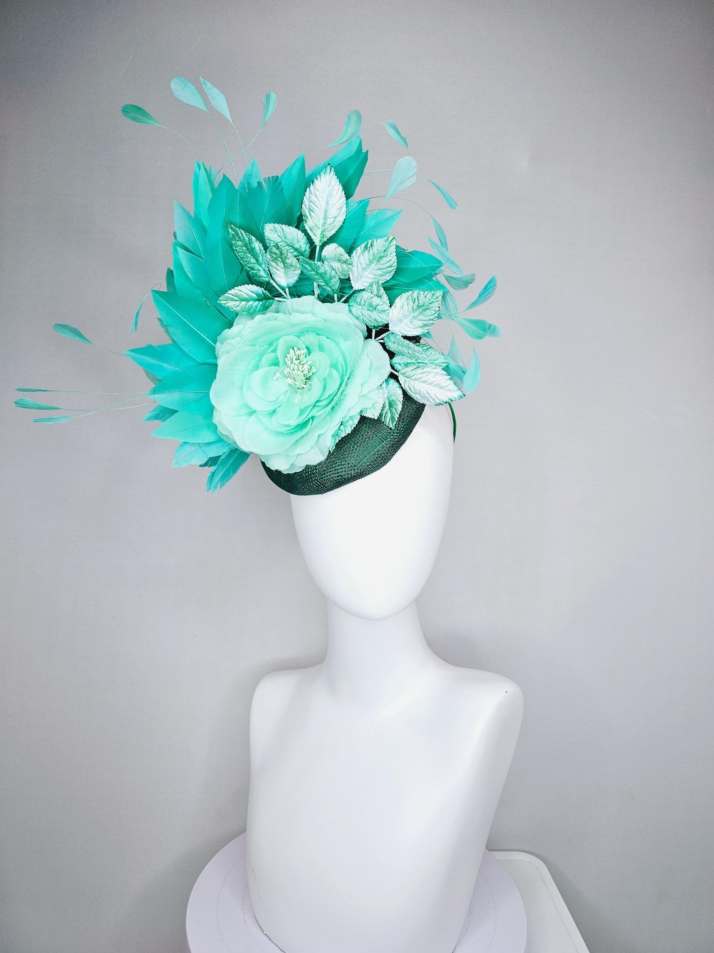 kentucky derby hat fascinator dark green sinamay with mint green silk satin rose flower,ombre green leaves and turquoise blue green feathers