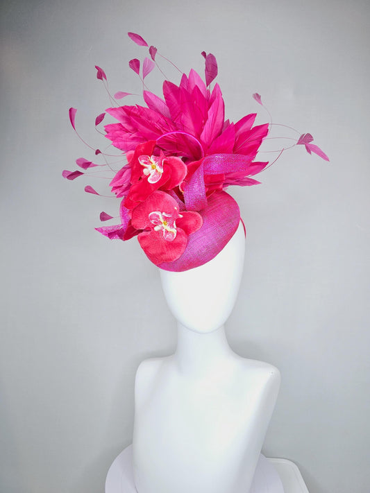 kentucky derby hat fascinator hot bright pink sinamay with curls, hot pink branching feathers and large pink and yellow satin orchids