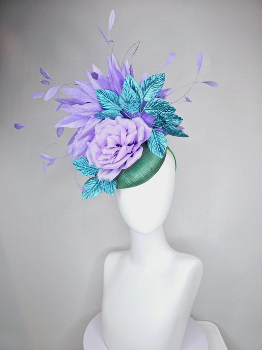 kentucky derby hat fascinator green sinamay, large iridescent lavender purple silk satin rose,light blue leaves, lavender branching feathers