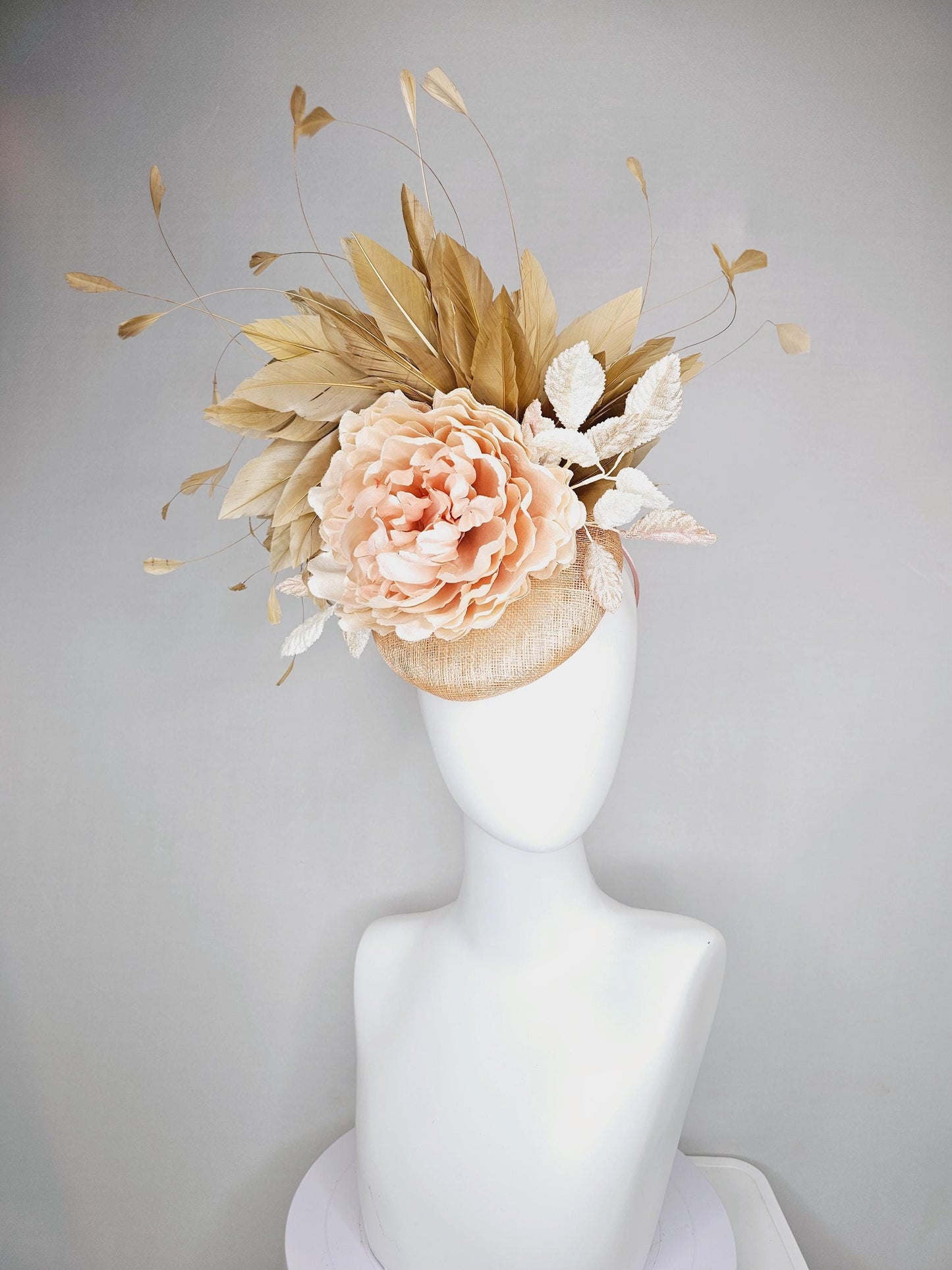 kentucky derby hat fascinator beige neutral sinamay,taupe beige branching feathers,cream ivory leaves and light pink rose satin silk flower