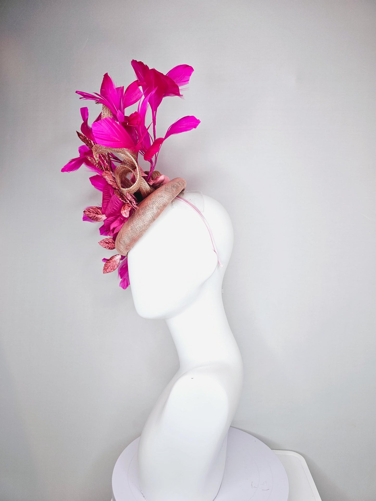 kentucky derby hat fascinator dusty rose pink sinamay,fuchsia pink branching feathers,light pink ombre leaves,large hot pink satin silk rose