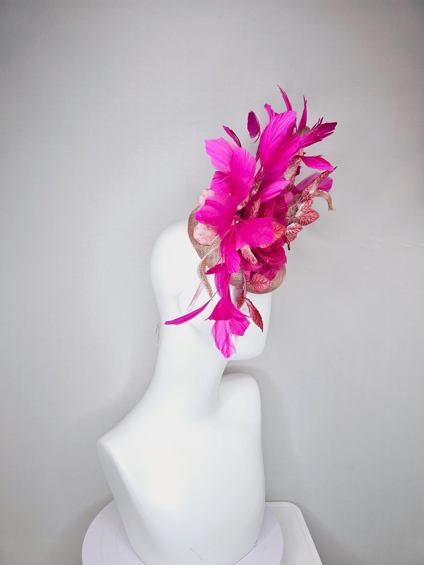 kentucky derby hat fascinator dusty rose pink sinamay,fuchsia pink branching feathers,light pink ombre leaves,large hot pink satin silk rose